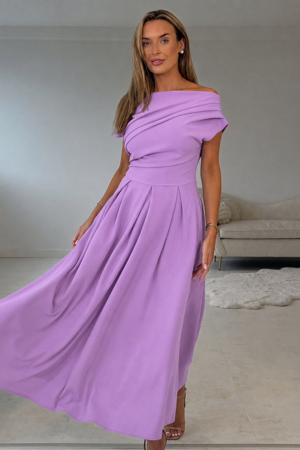 Betty Asymmetric Neckline Skater Midi Dress Lavender