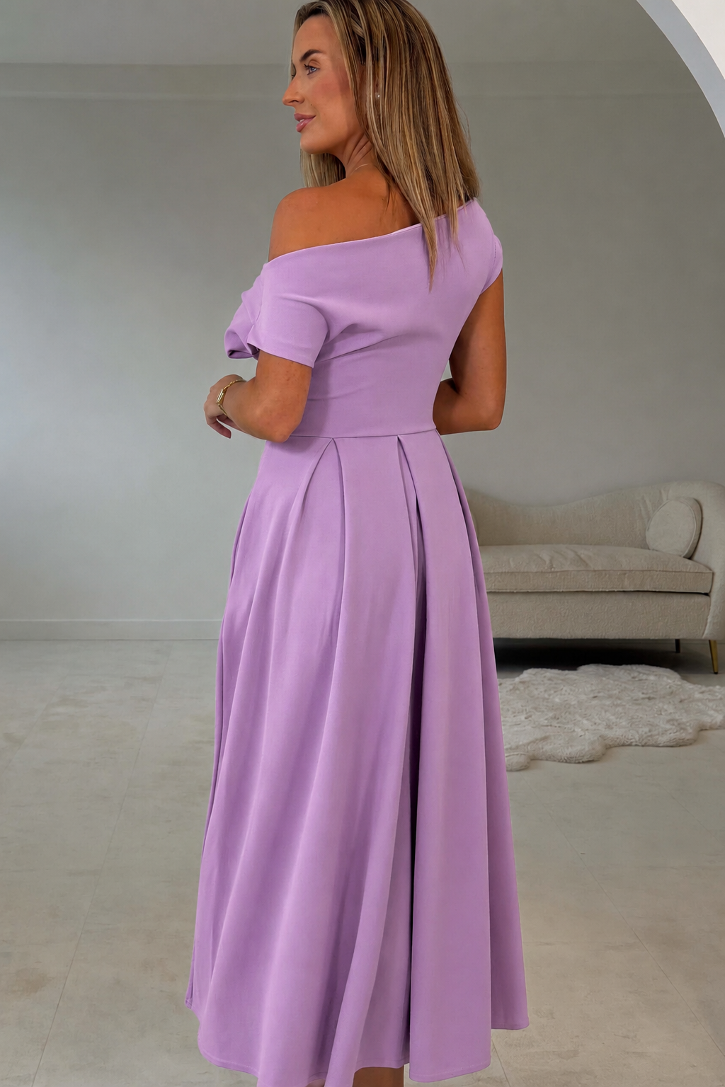 Betty Asymmetric Neckline Skater Midi Dress Lavender