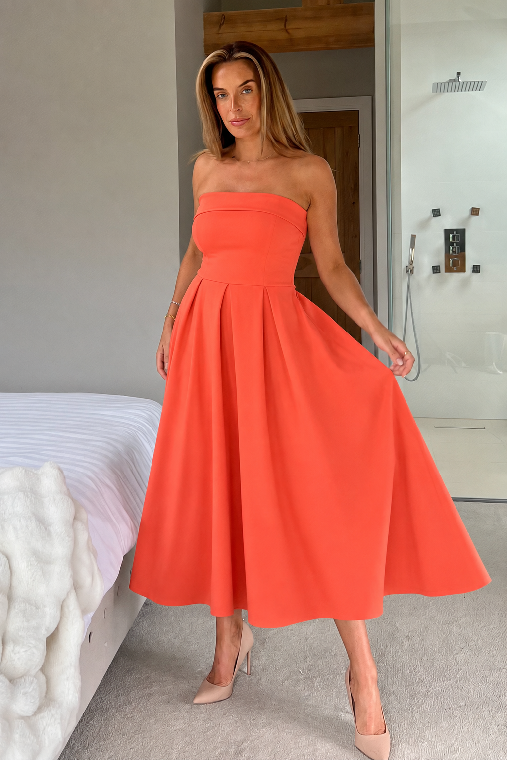orange flying birds strapless midi dress Farm Rio Flying Birds Strapless Midi Dress - Flying Birds Orange