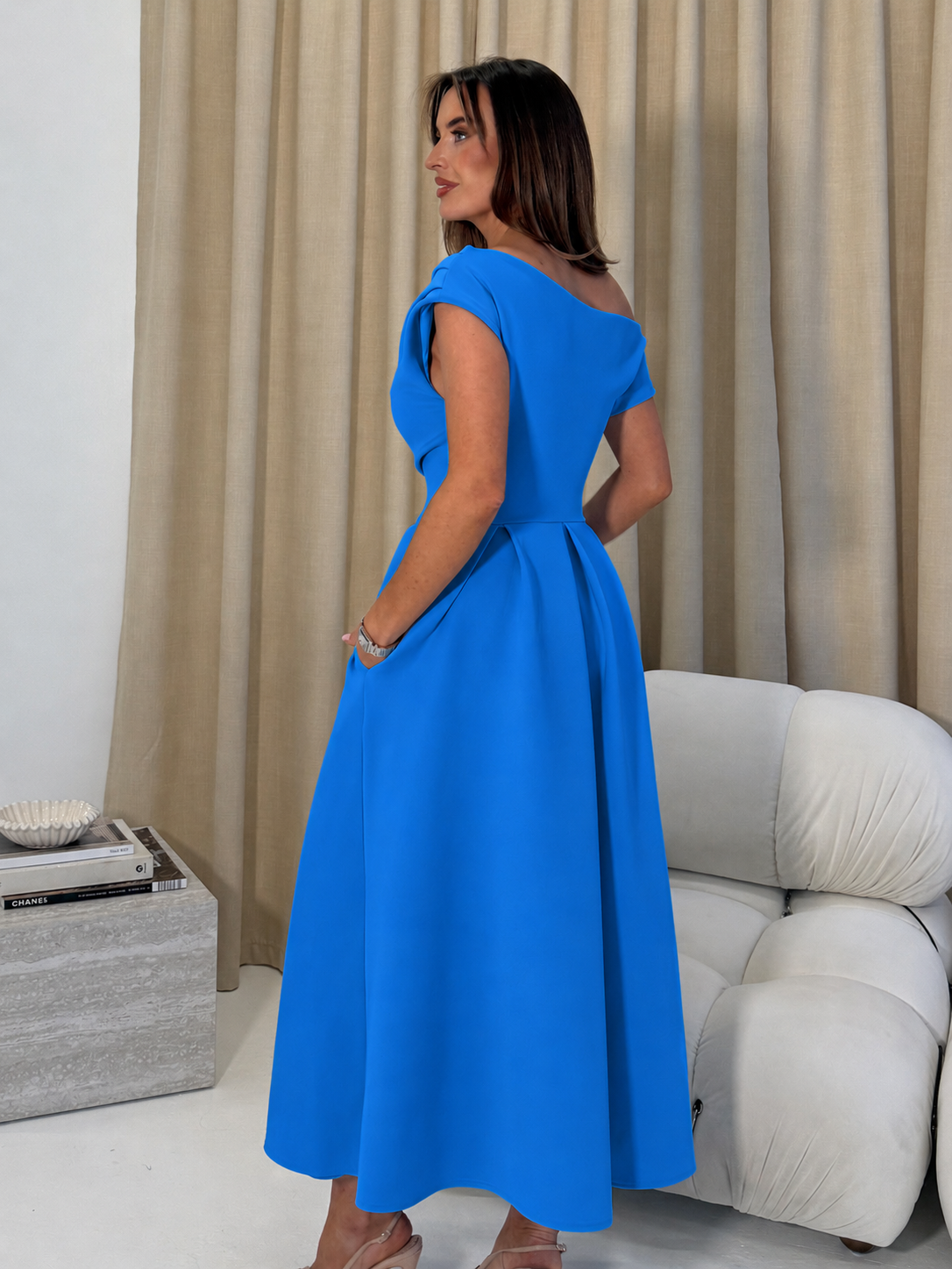 Betty Asymmetric Neckline Floral Skater Midi Dress Teal