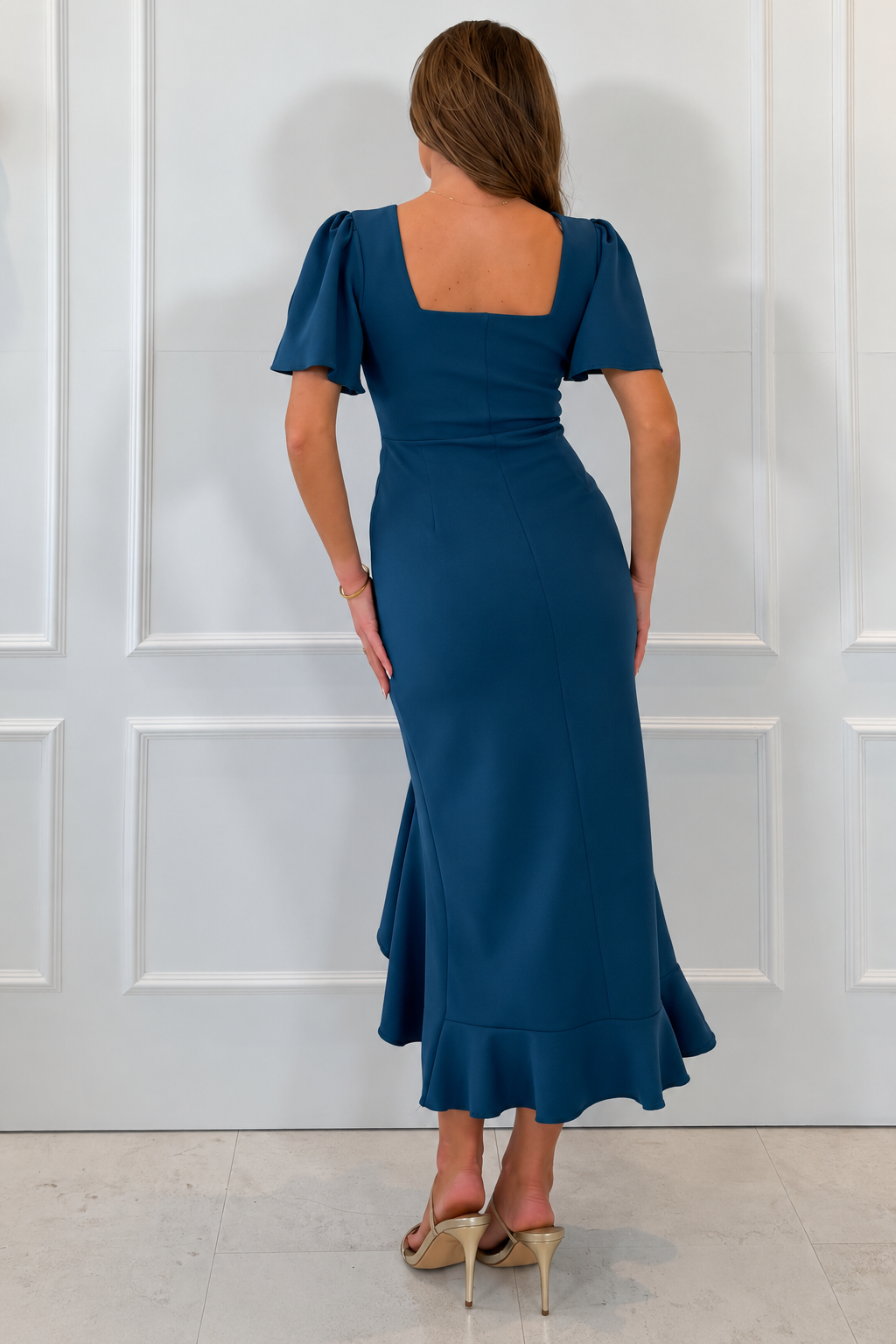 Darcie Flaired Sleeve Frill Midi Dress Petrol