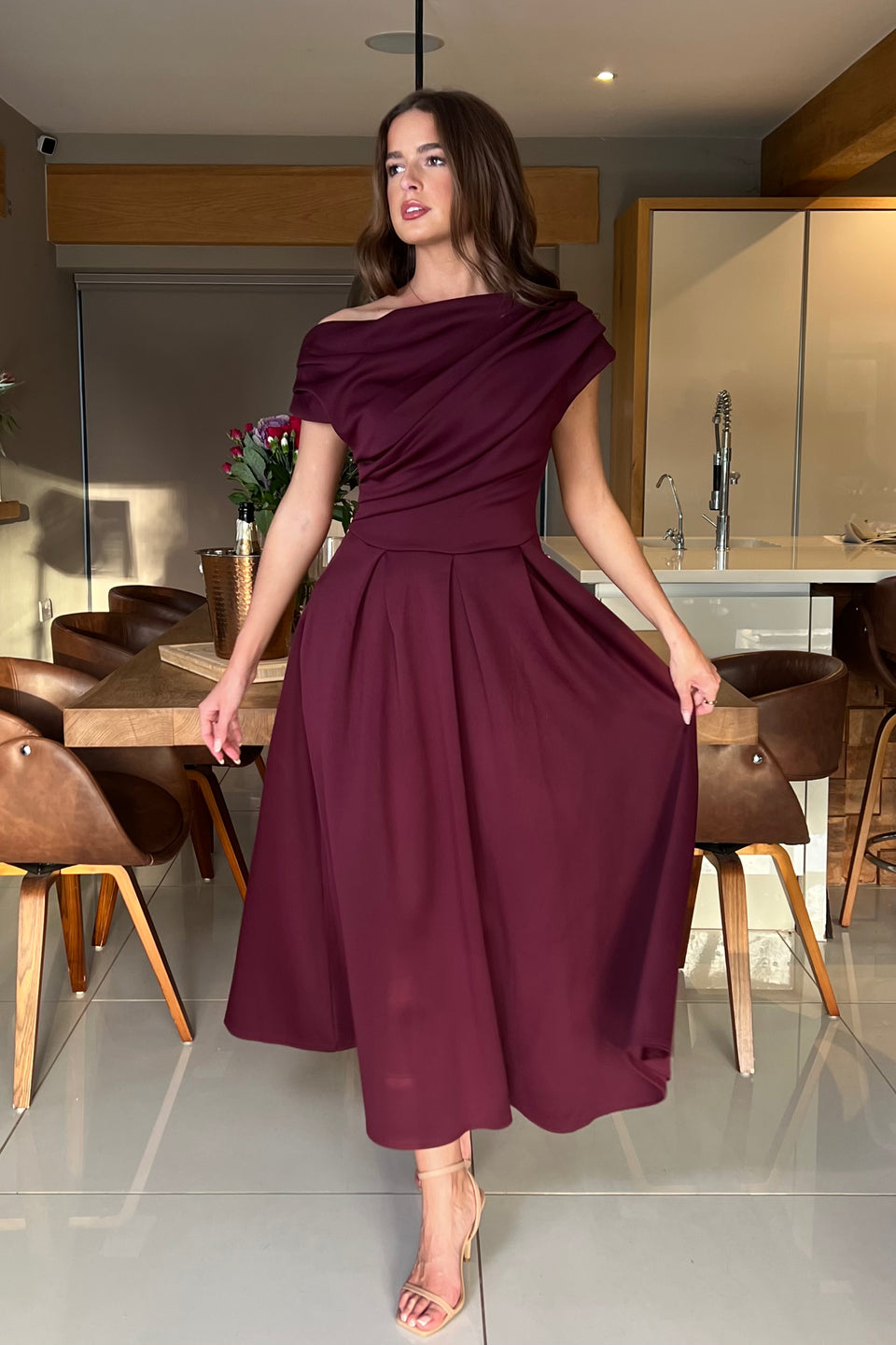 Betty Asymmetric Neckline Skater Midi Plum