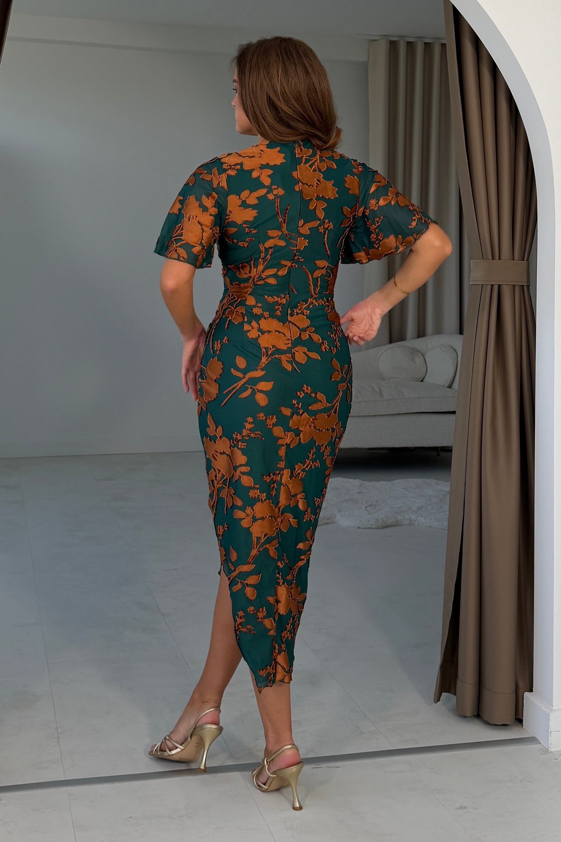 Natasha Angel Sleeve Wrap Midi Dress In Emerald Floral