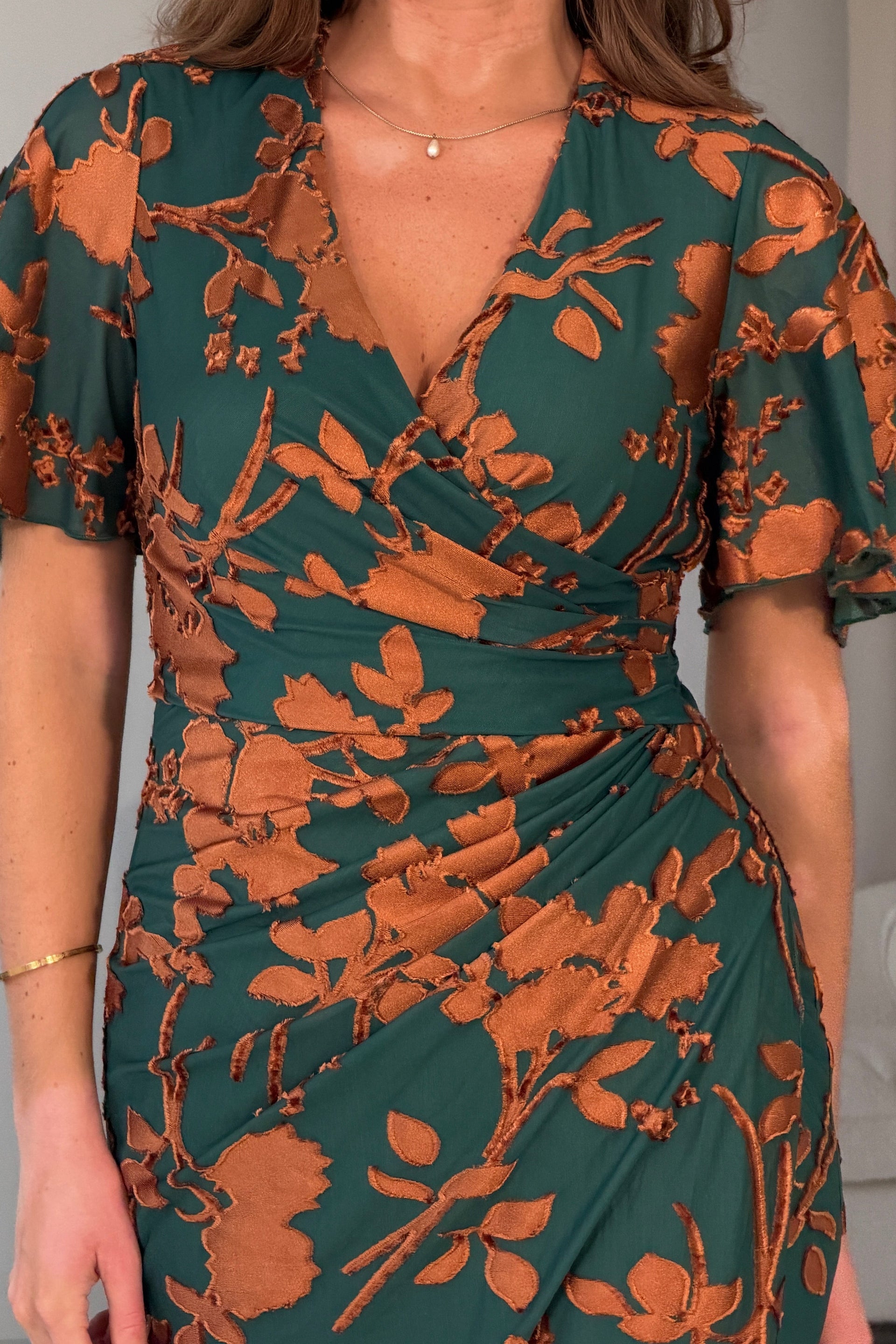 Natasha Angel Sleeve Wrap Midi Dress In Emerald Floral