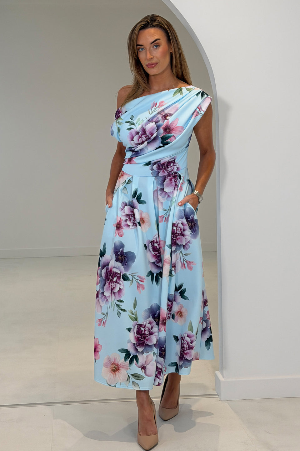 Betty Asymmetric Neckline Skater Mini  Dress Blue Print