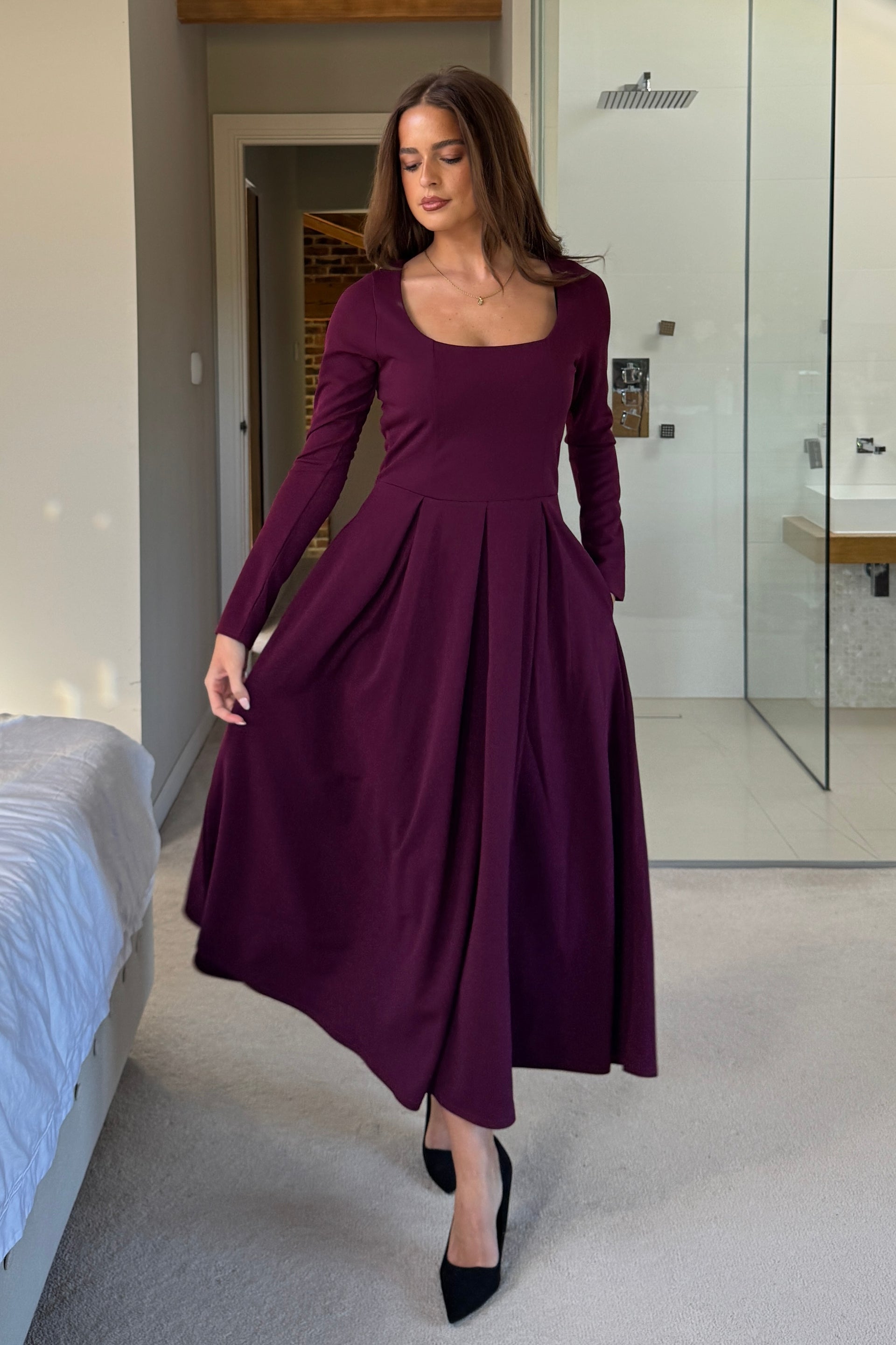 plum long sleeve midi dress Buy Yumi Purple Pleated Wrap Midi Dress With Sheer Long Sleeves from Next USA