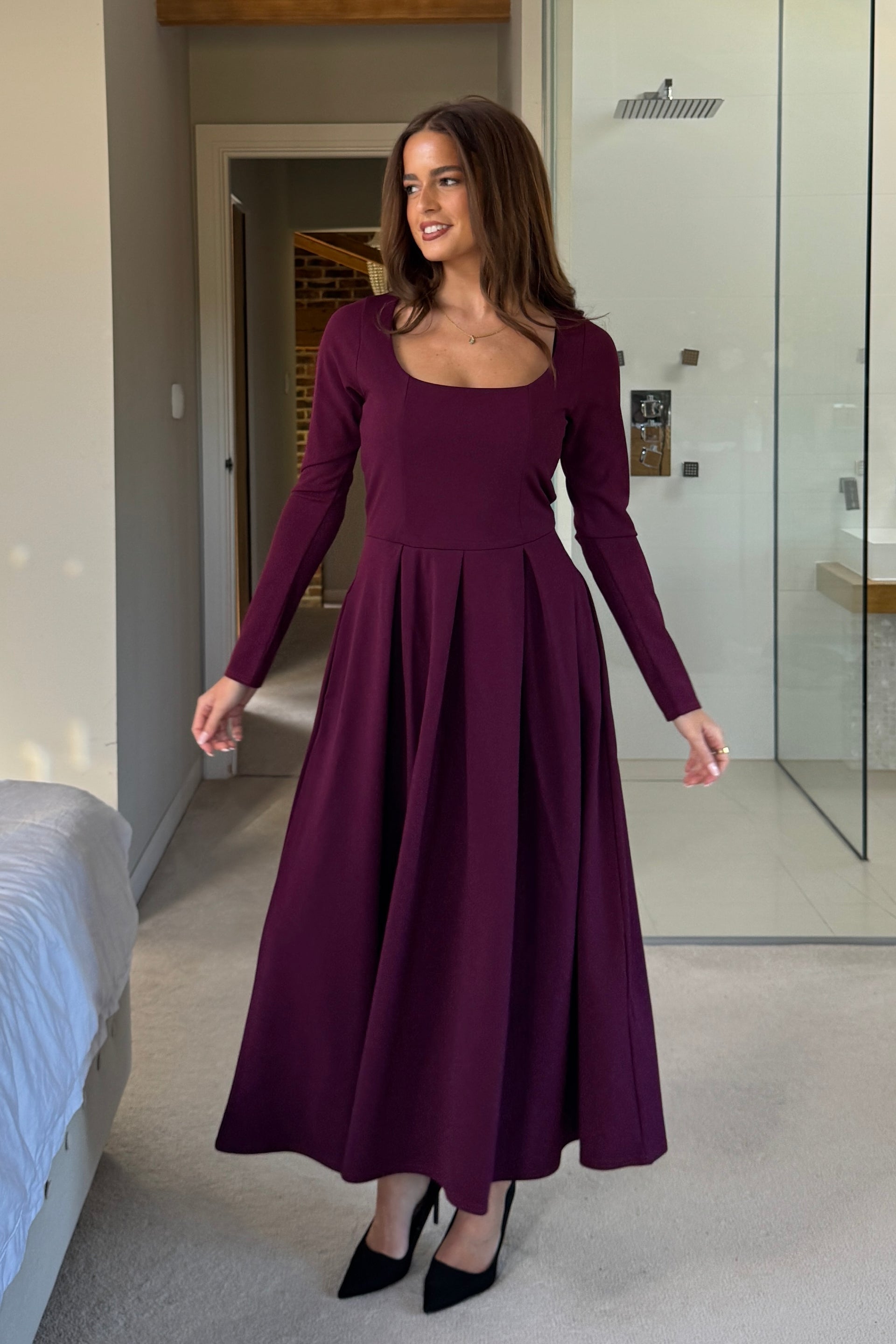 Evie Square Neck Long Sleeve Midi Dress Plum Girl In Mind Evie Square Neck Long Sleeve Midi Dress Plum Girl In Mind
