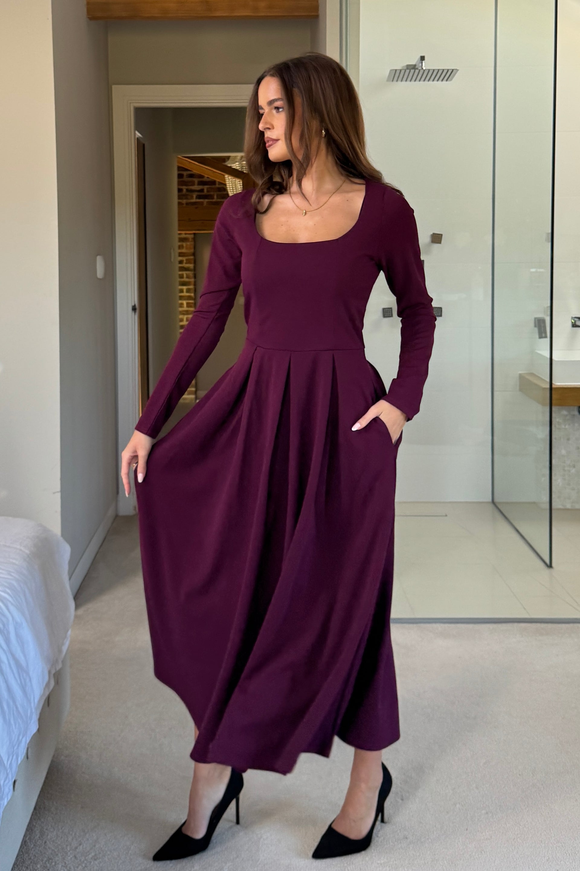 Evie Square Neck Long Sleeve Midi Dress Plum Girl In Mind Evie Square Neck Long Sleeve Midi Dress Plum Girl In Mind