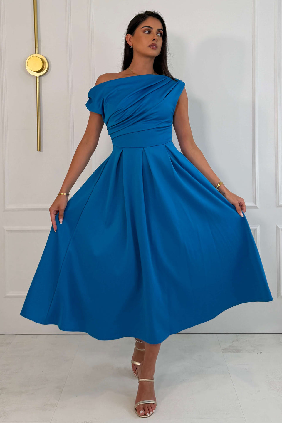 Betty Asymmetric Neckline Floral Skater Midi Dress Teal