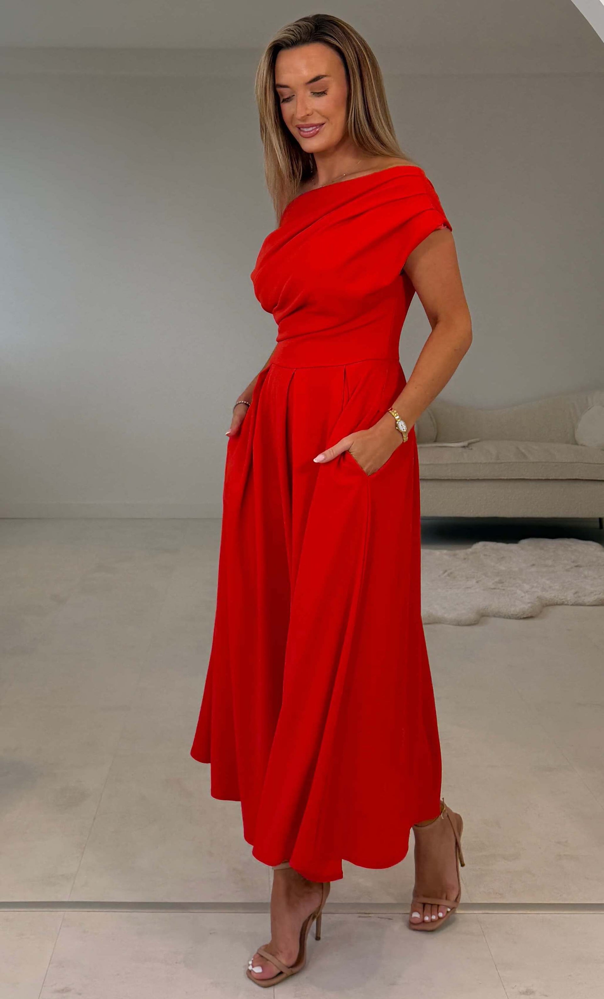 Dollie Asymmetric Neckline Skater Midi Dress Red