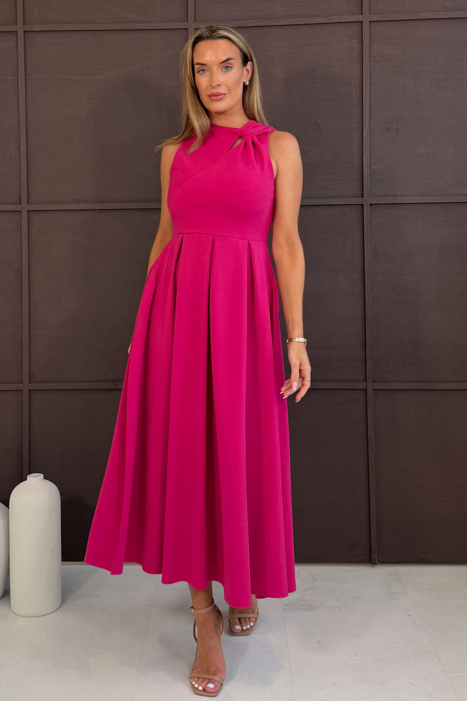 Anastasia Knot Detail Midi Dress Hot Pink