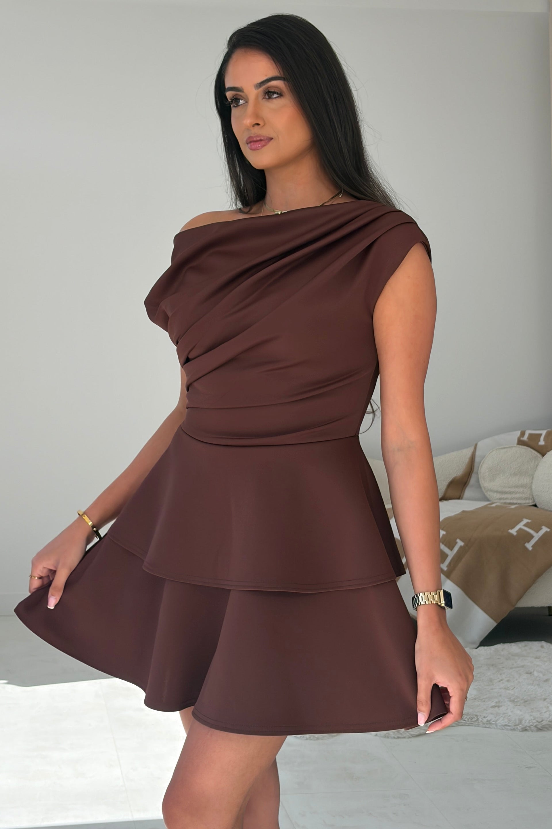 Pippa Double Frill Mini Dress Brown