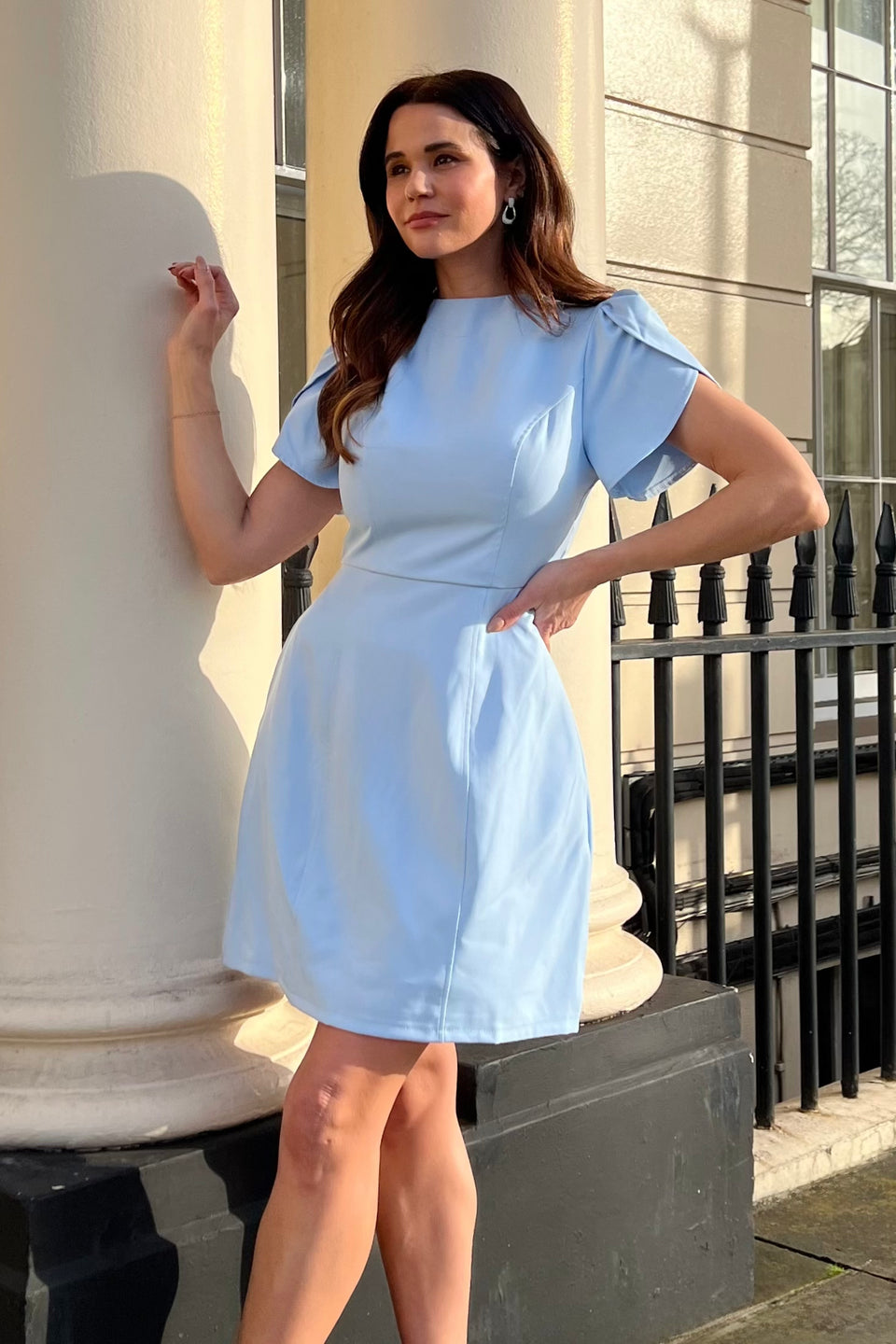 Ami Tulip Sleeve High Neck Mini Dress Sky Blue