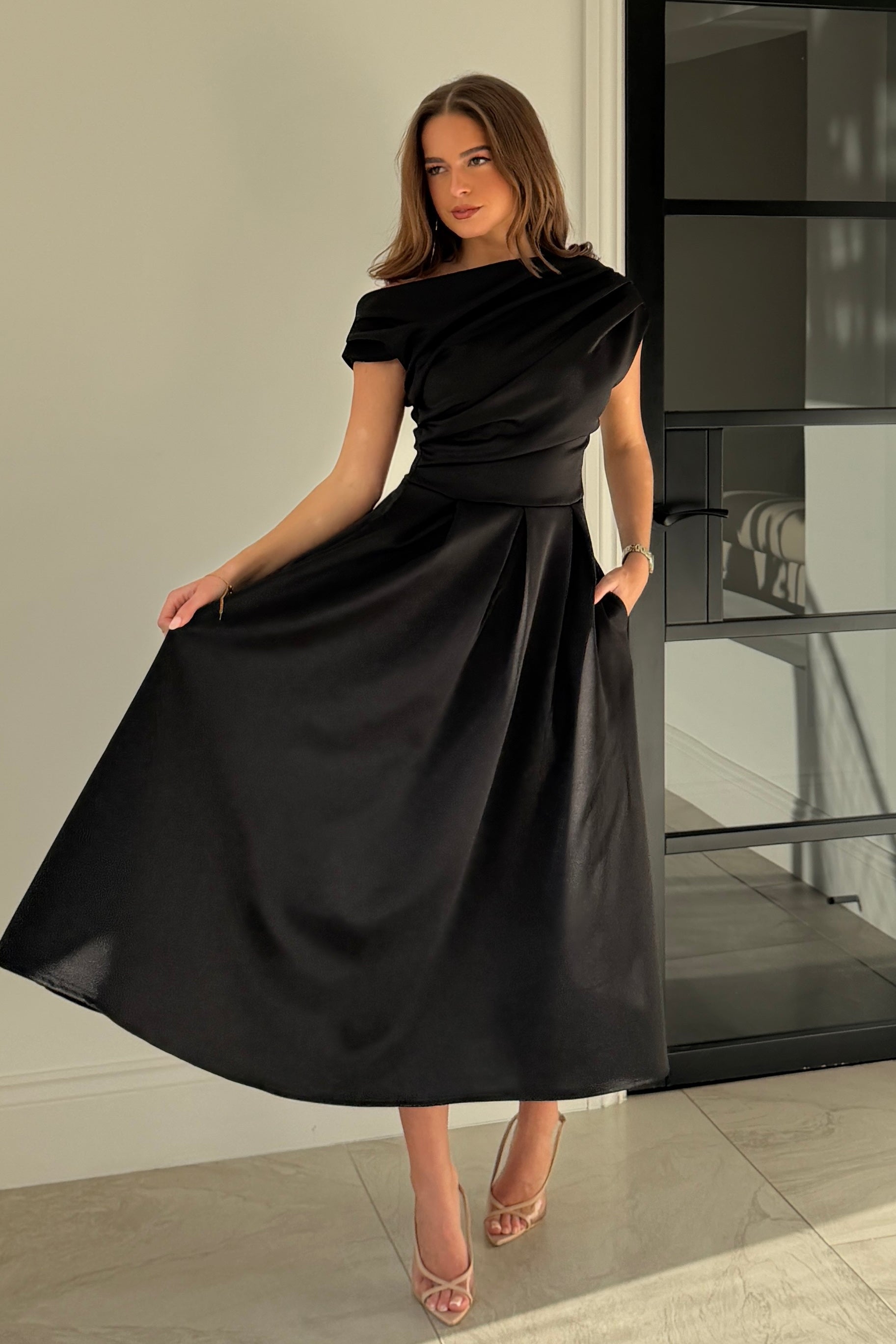 Betty Asymmetric Midi Dress Black