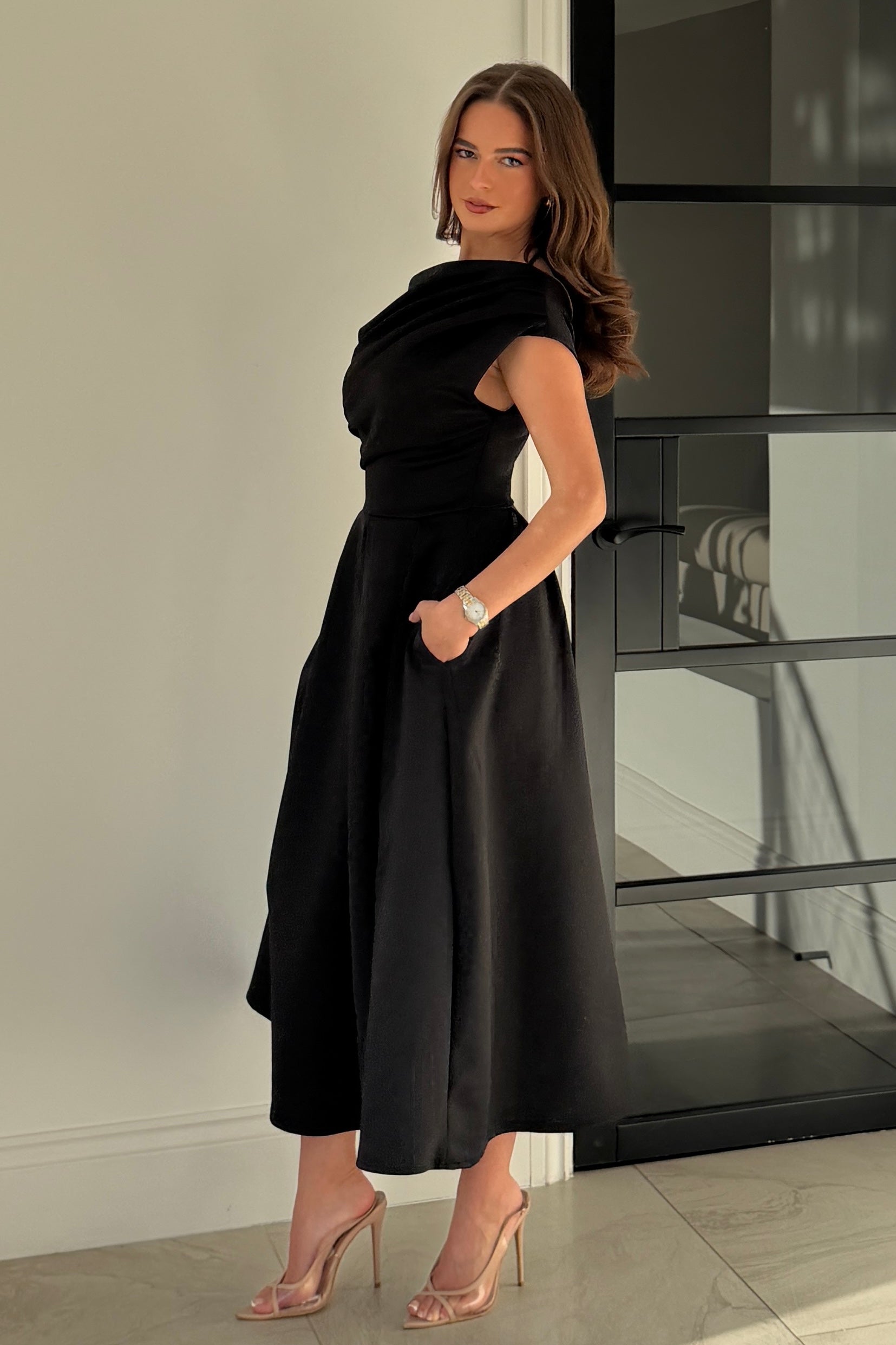 Betty Asymmetric Midi Dress Black