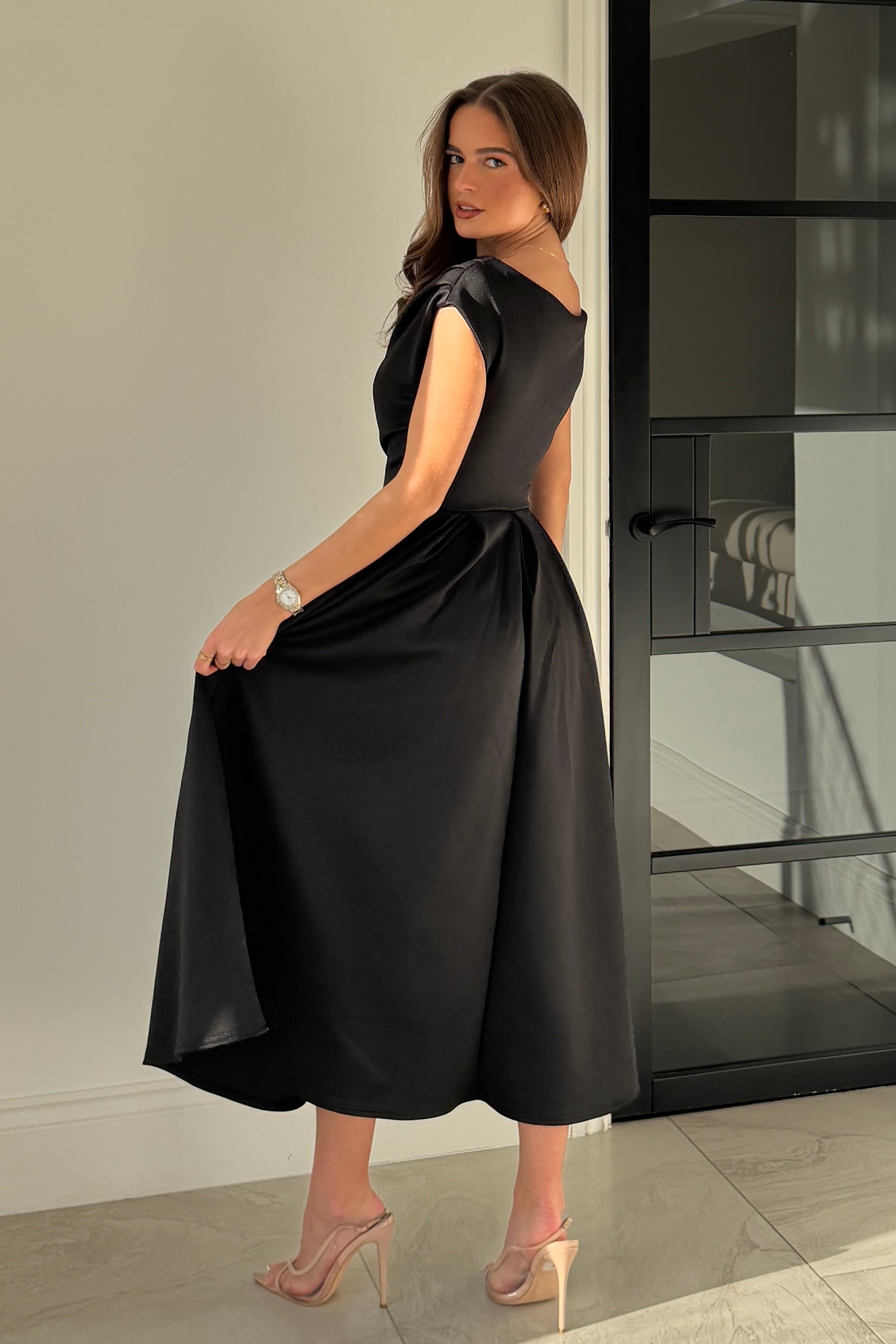 Betty Asymmetric Midi Dress Black
