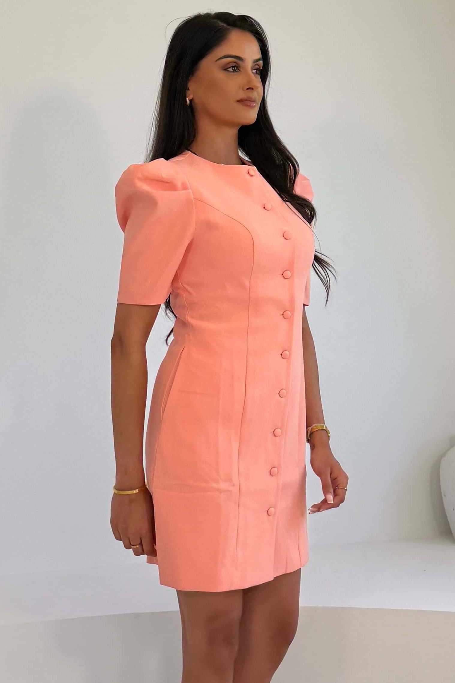 Megan Short Sleeve Button Up Mini Dress Peach