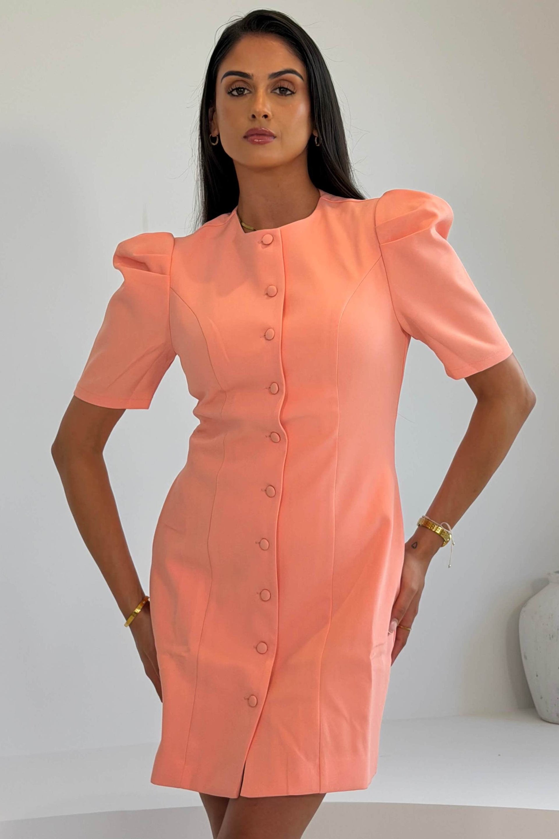 Megan Short Sleeve Button Up Mini Dress Peach