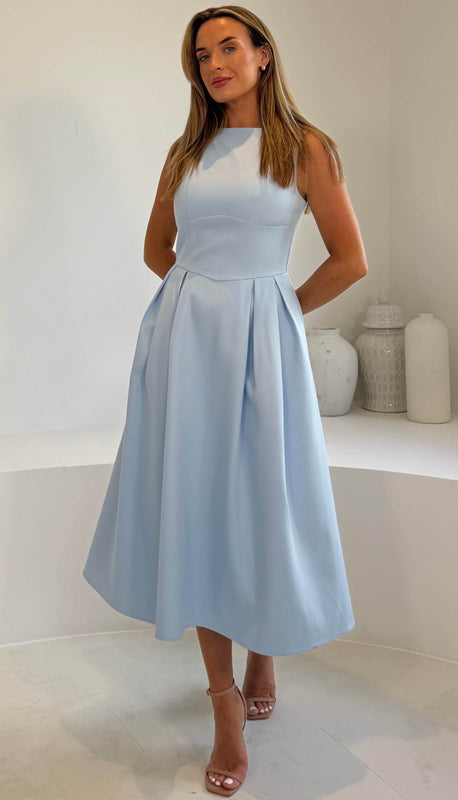 Nesta Boat Neck Skater Midi Dress Blue