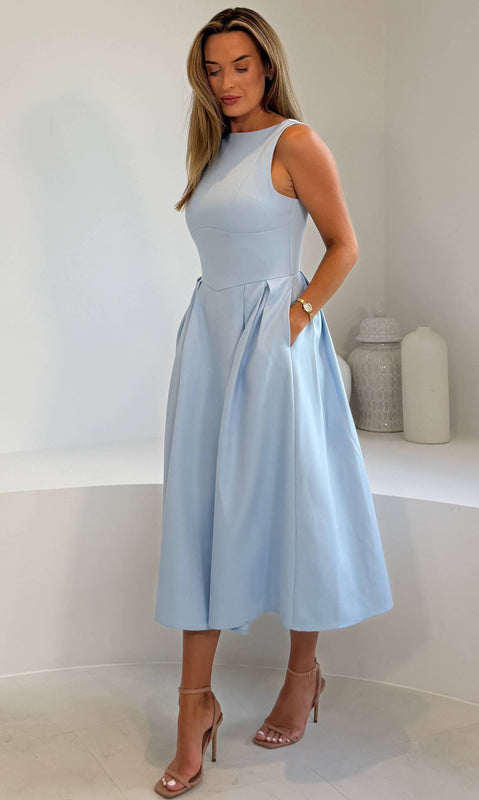 Nesta Boat Neck Skater Midi Dress Blue – Girl In Mind