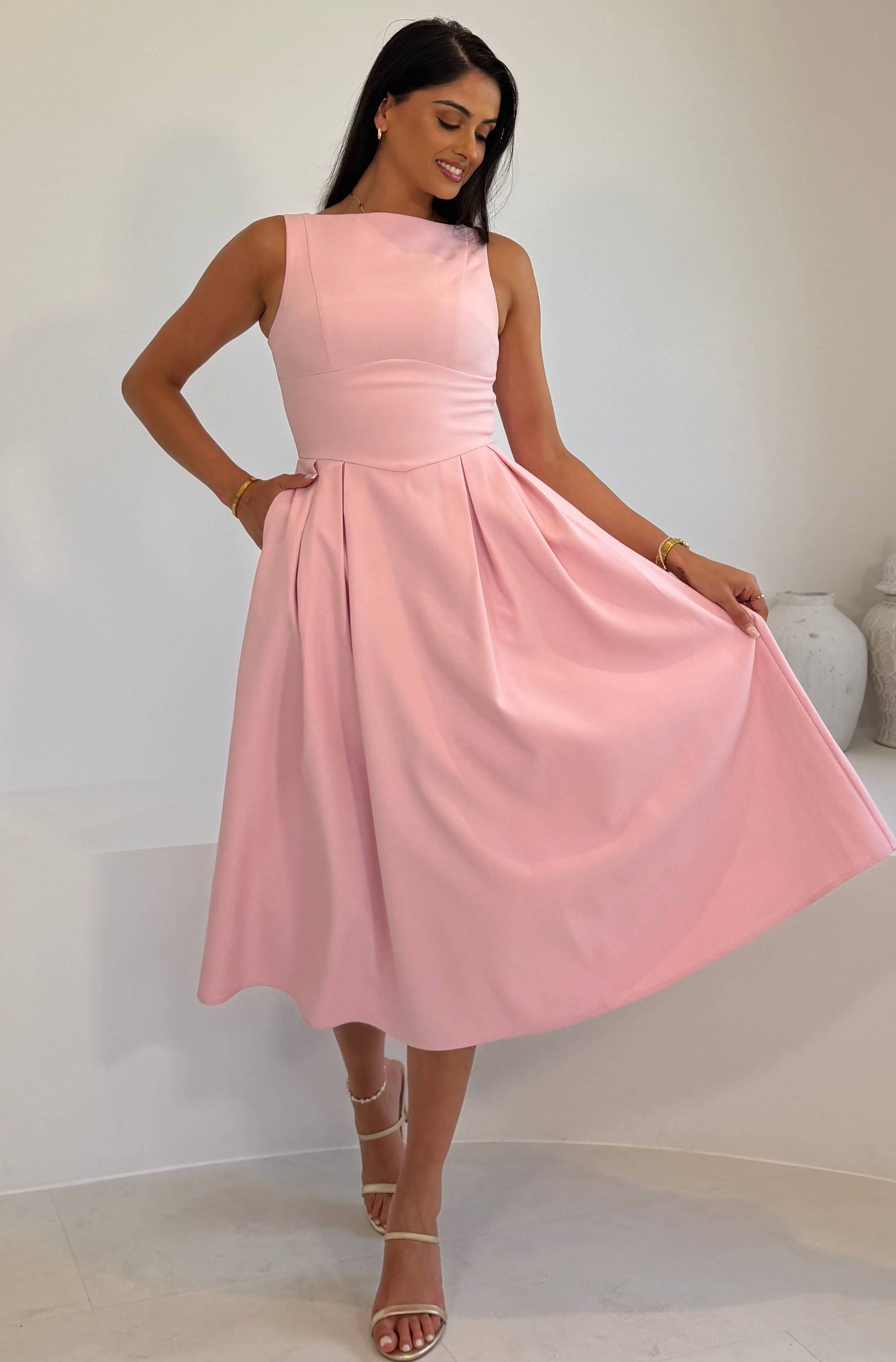 Nesta Boat Neck Skater Midi Dress Pink