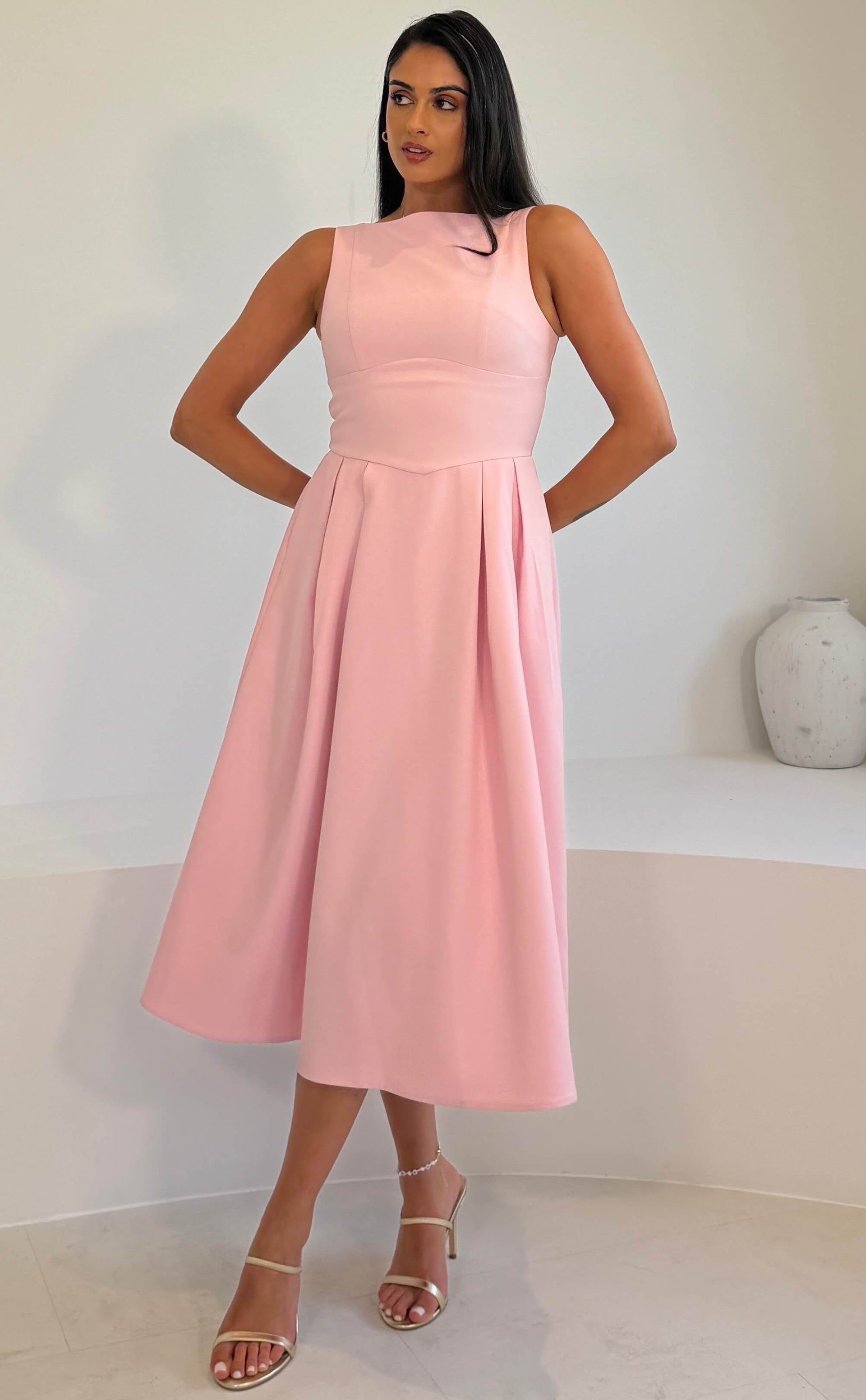 Nesta Boat Neck Skater Midi Dress Pink