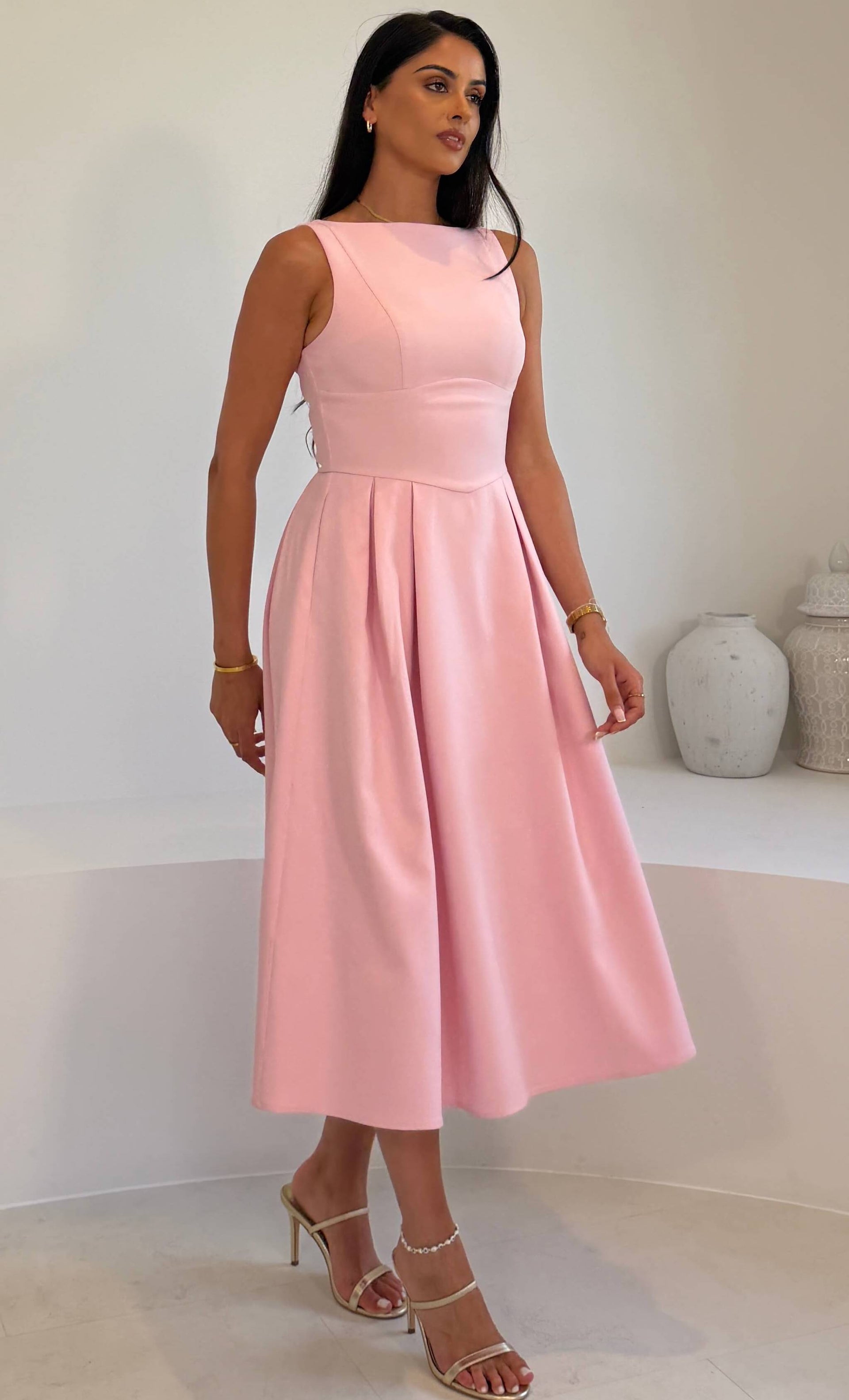 Nesta Boat Neck Skater Midi Dress Pink