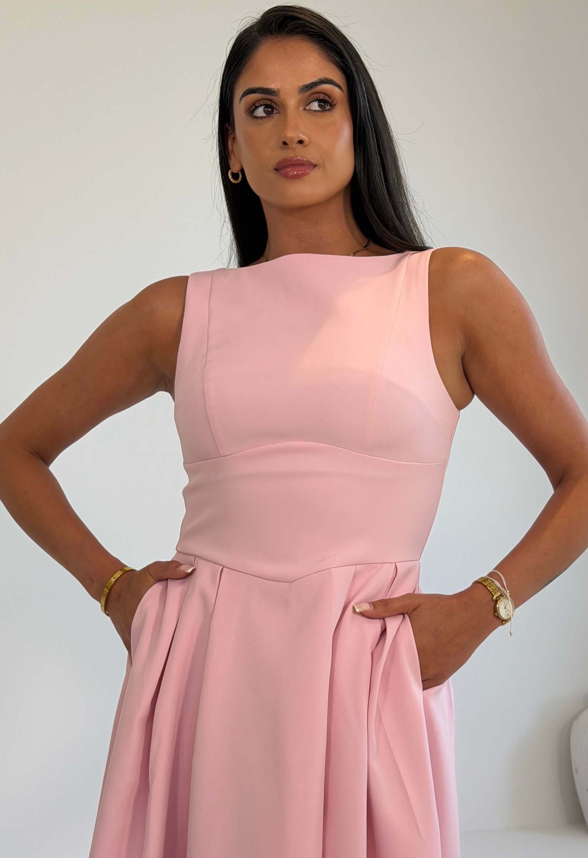 Nesta Boat Neck Skater Midi Dress Pink
