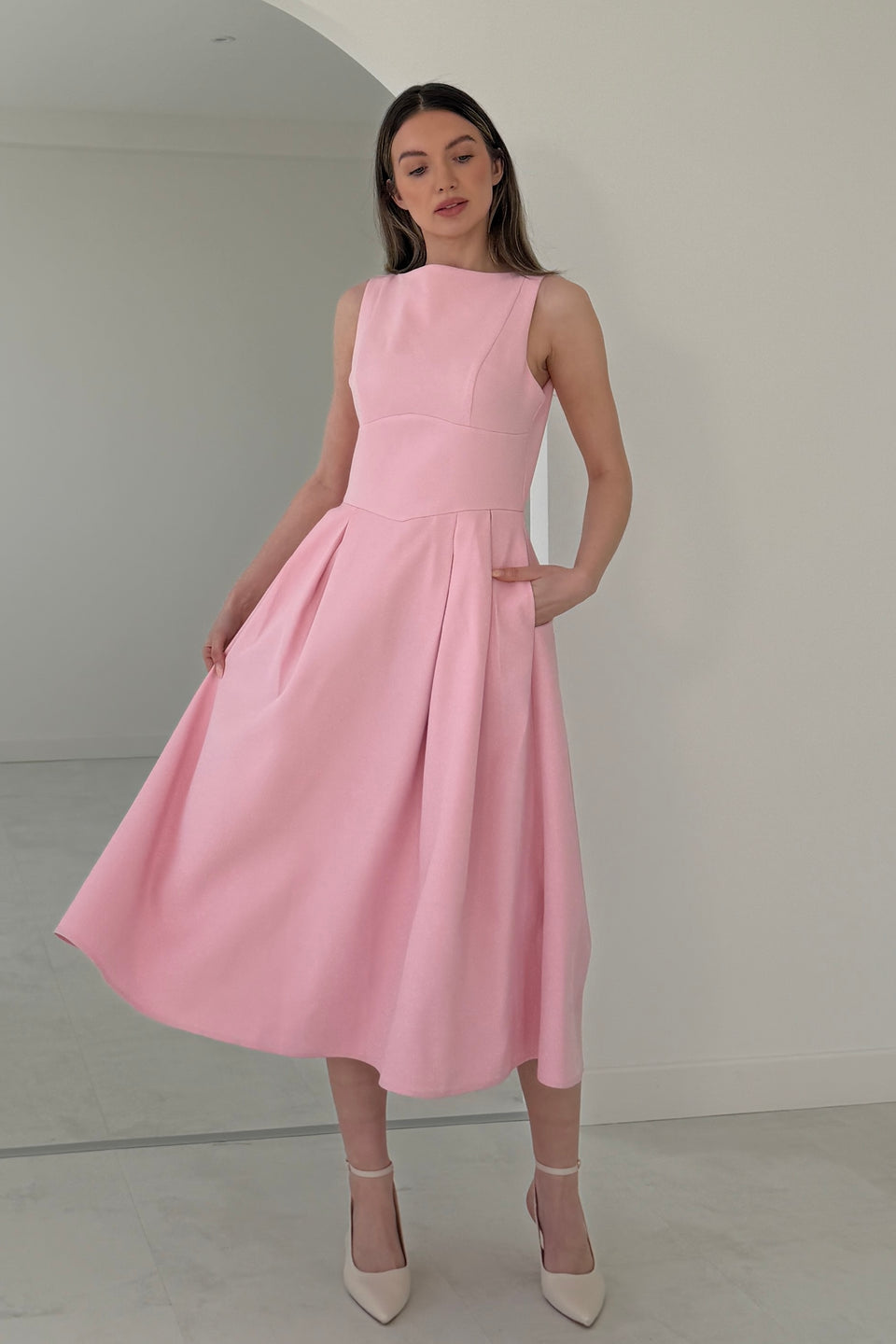Nesta Boat Neck Skater Midi Dress Pink
