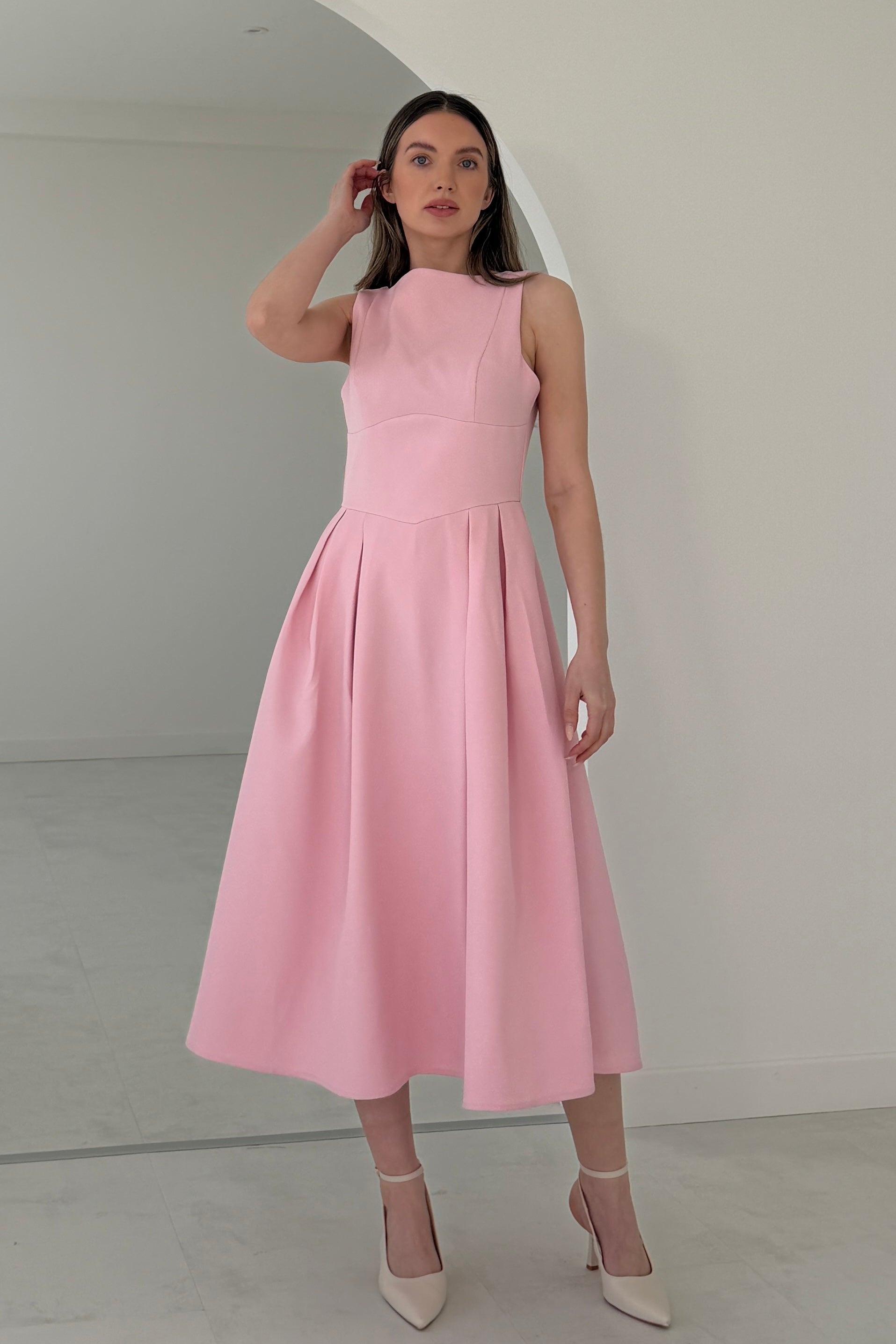 Nesta Boat Neck Skater Midi Dress Pink
