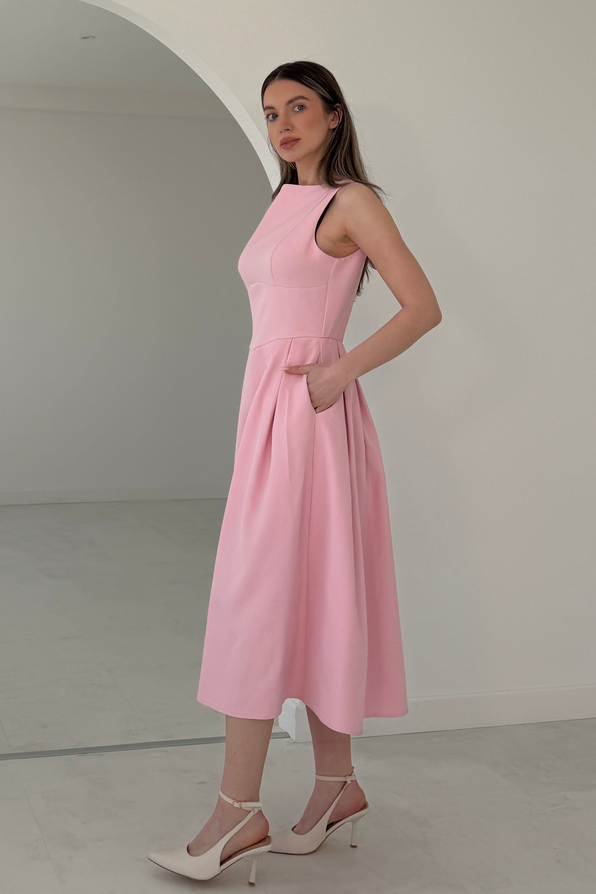 Nesta Boat Neck Skater Midi Dress Pink