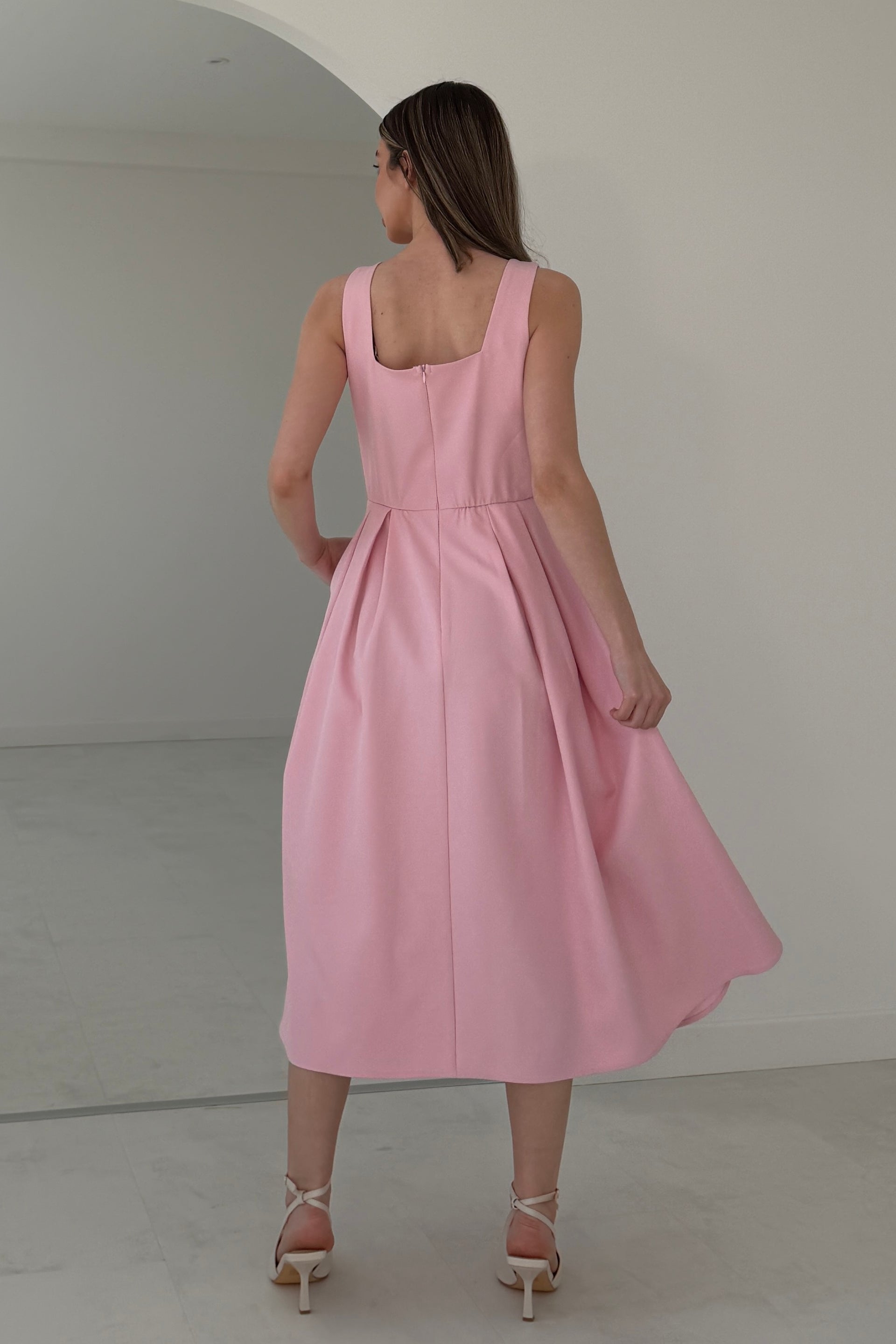 Nesta Boat Neck Skater Midi Dress Pink