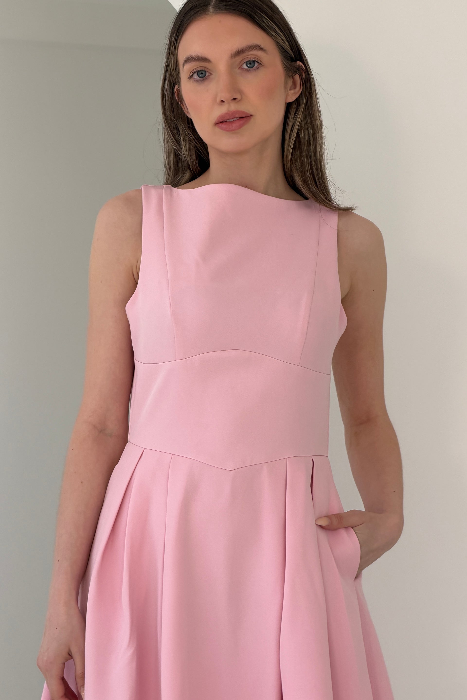 Nesta Boat Neck Skater Midi Dress Pink  Girl In Mind