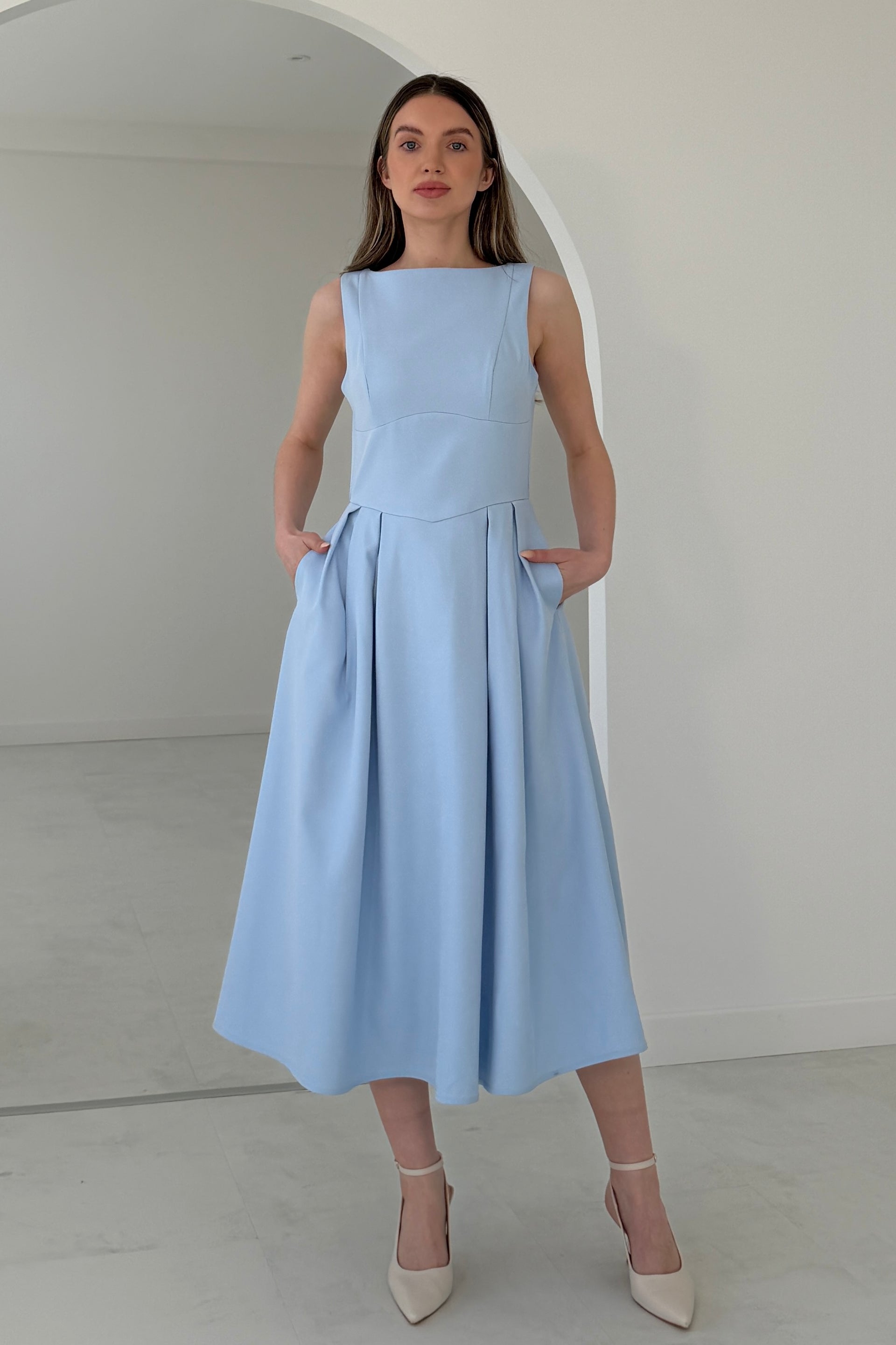 Nesta Boat Neck Skater Midi Dress Blue