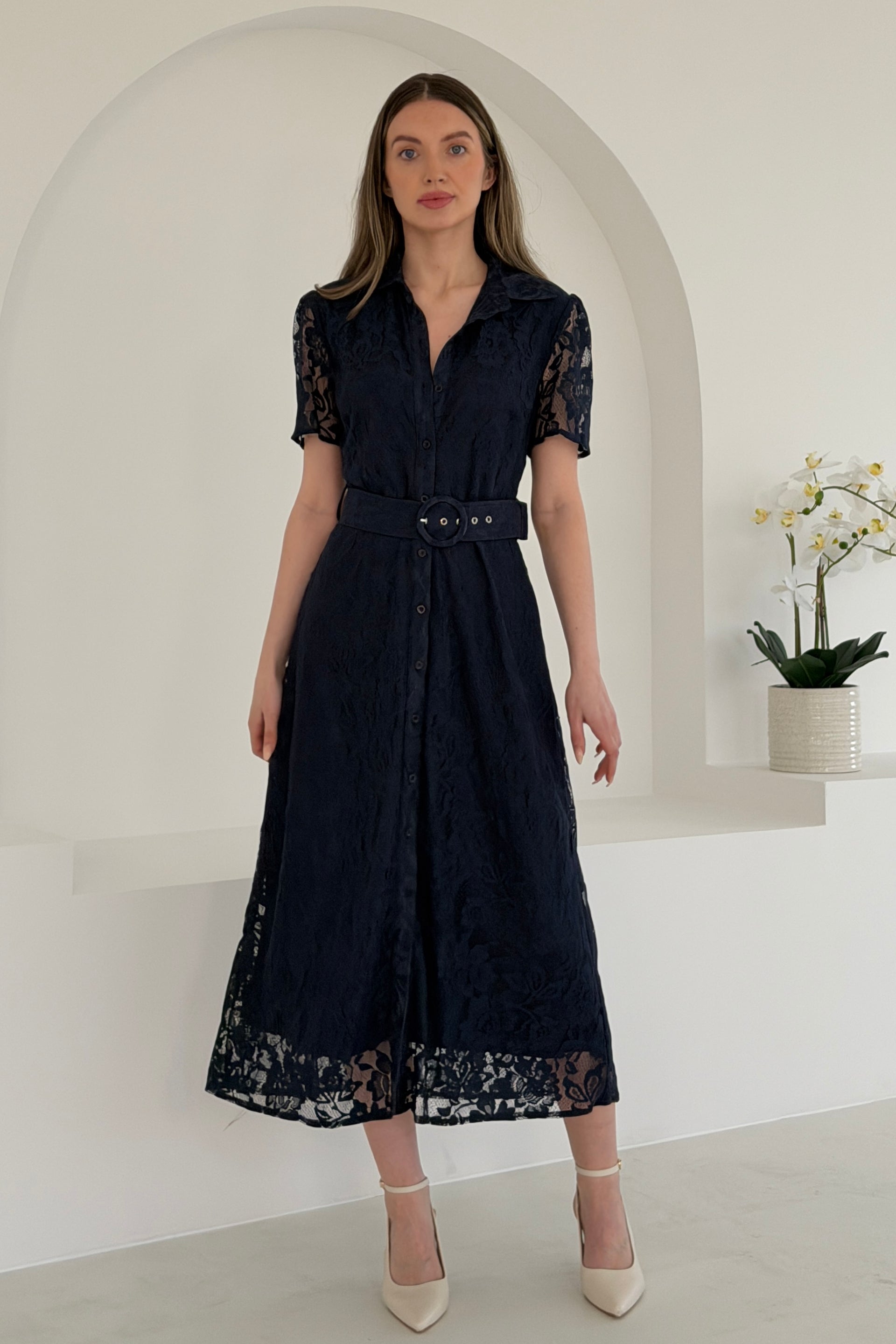 Tansy Short Sleeve Lace Shirt Dress Navy  Girl In Mind