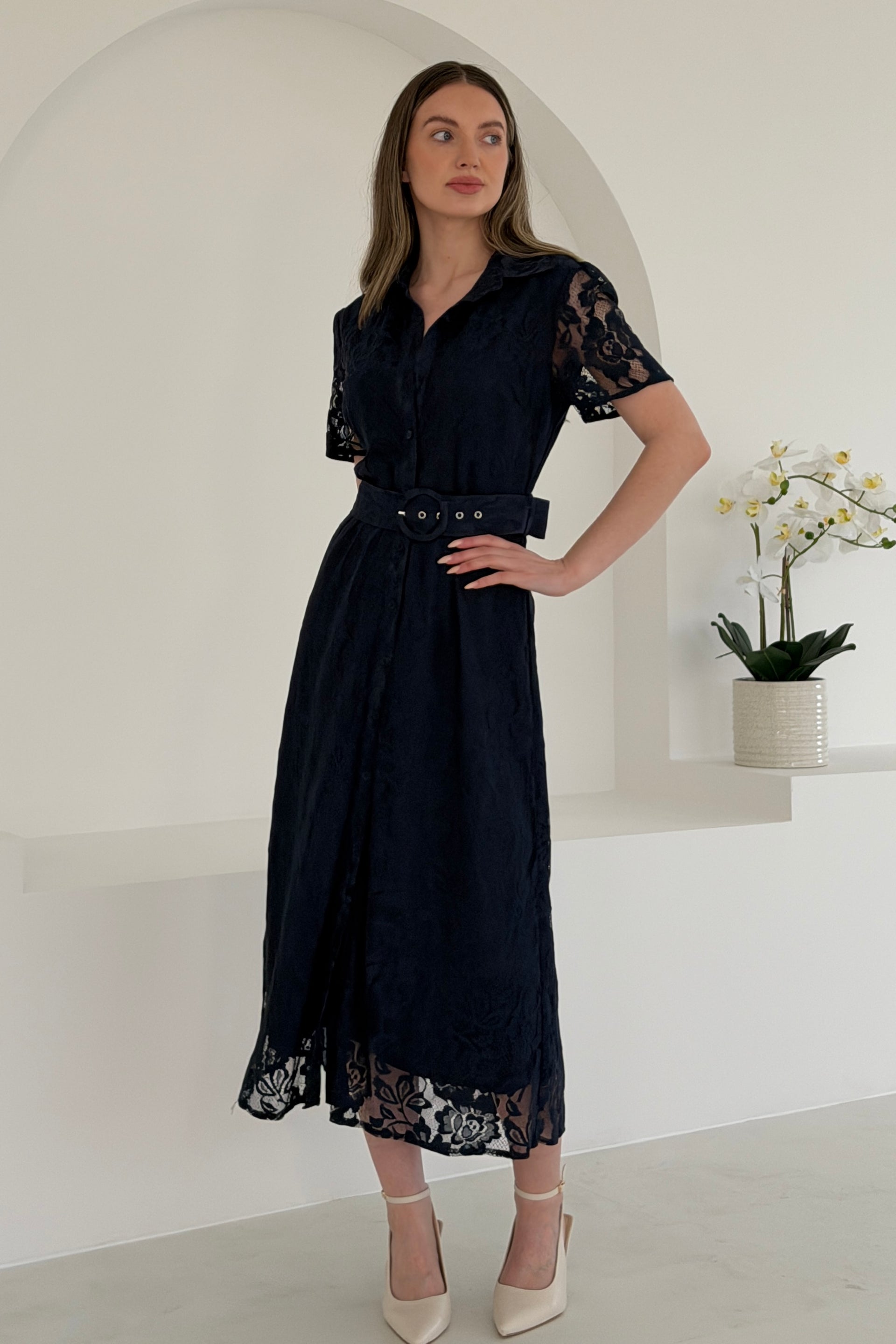 Tansy Short Sleeve Lace Shirt Dress Navy