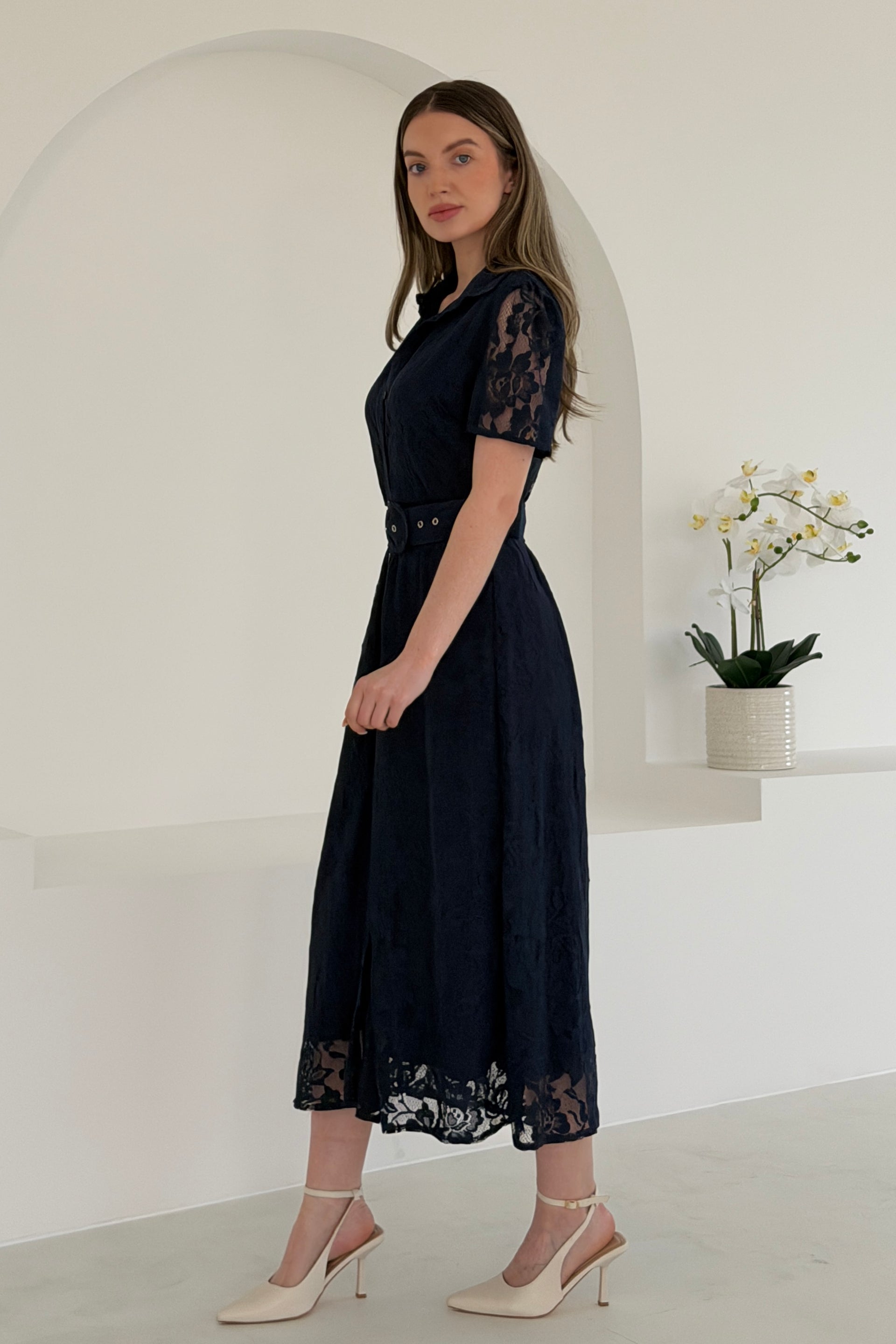 Tansy Short Sleeve Lace Shirt Dress Navy – Girl In Mind
