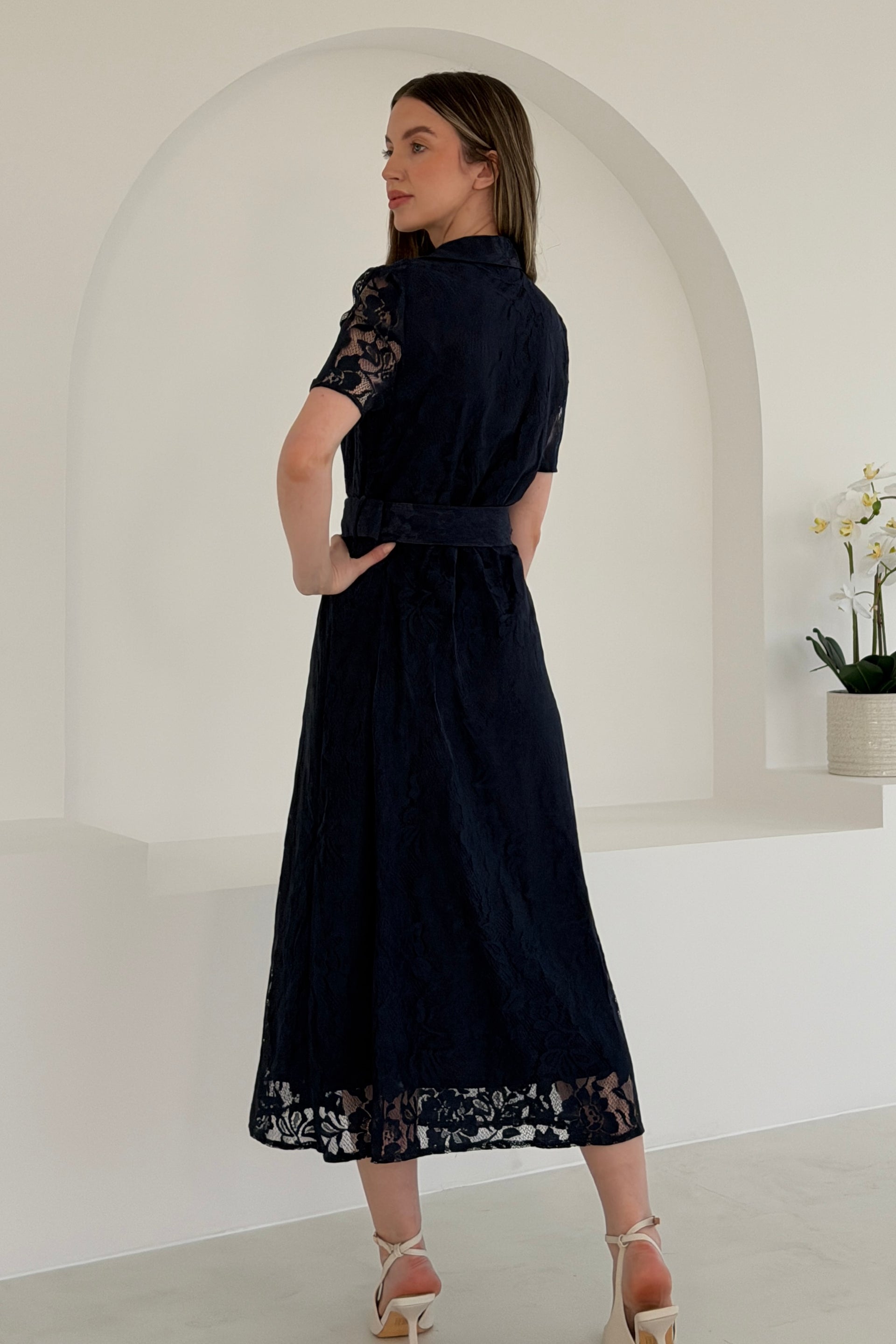 Tansy Short Sleeve Lace Shirt Dress Navy – Girl In Mind