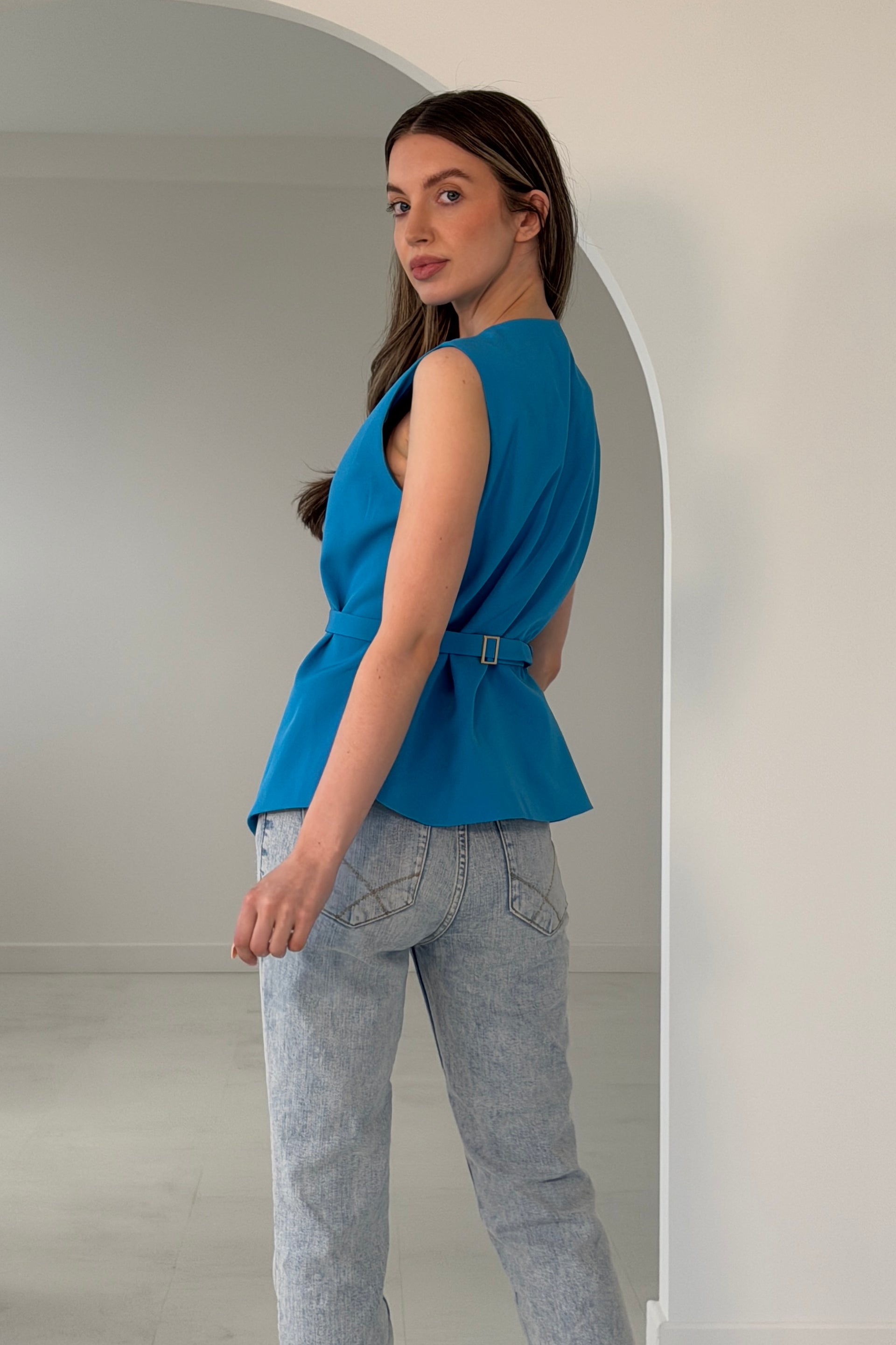 Luni Belted Button Waistcoat Blue