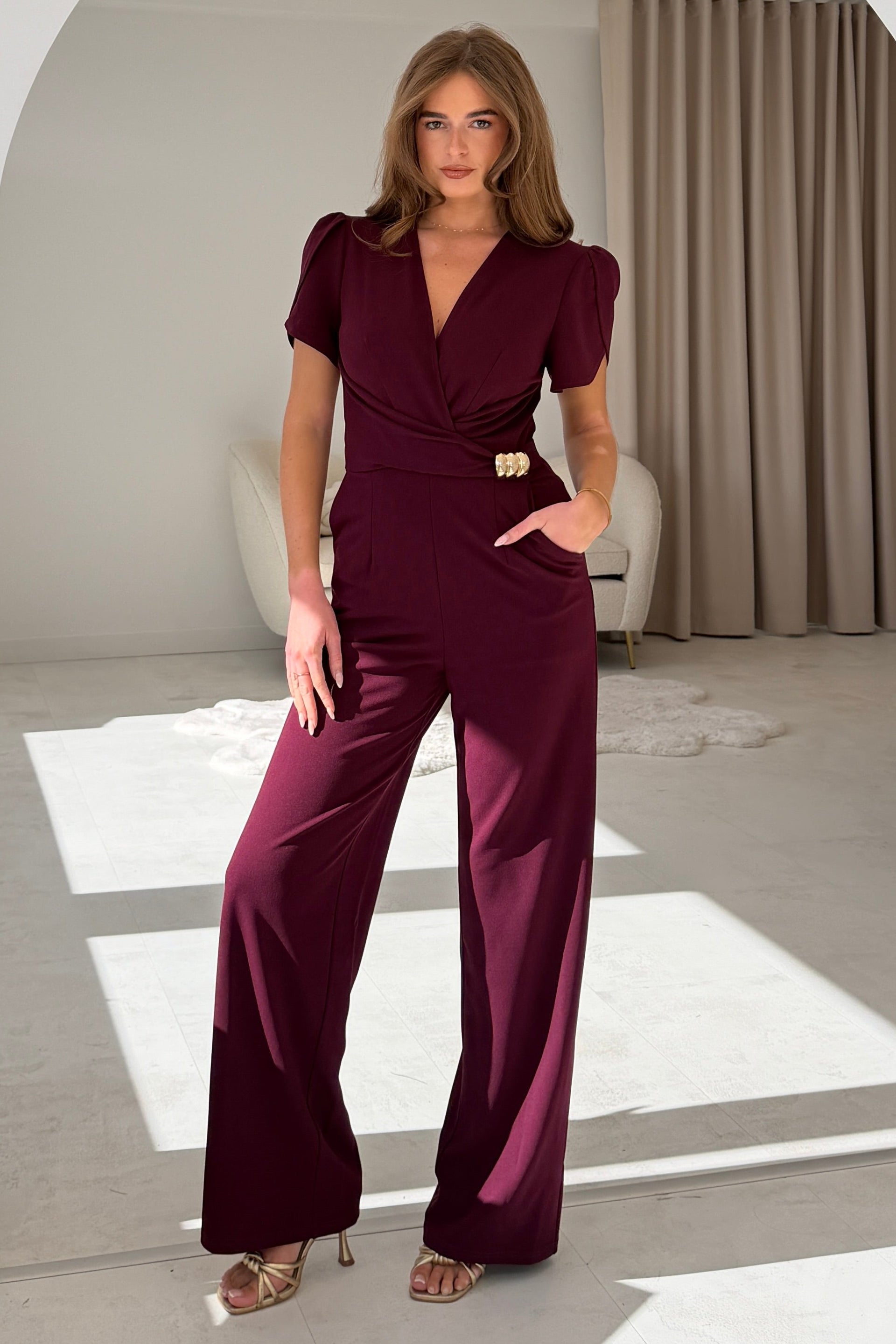 Trixie Buckle Detail Wrap Jumpsuit Wine