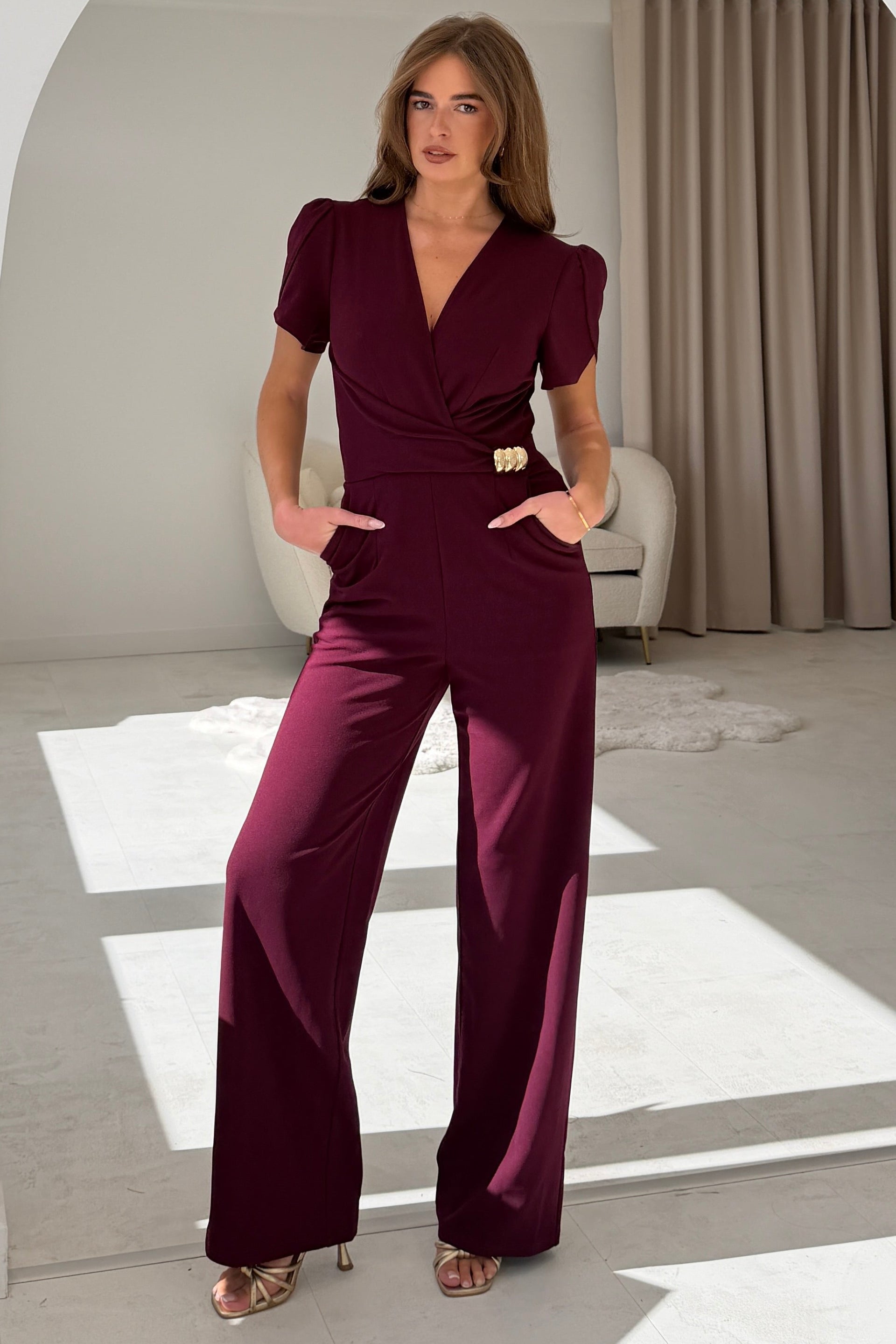 Trixie Buckle Detail Wrap Jumpsuit Wine