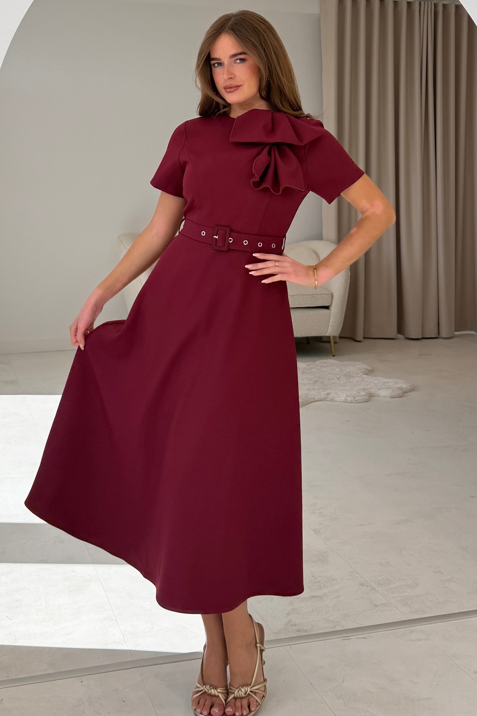 Sorelle Belted Midi Dress Wine
