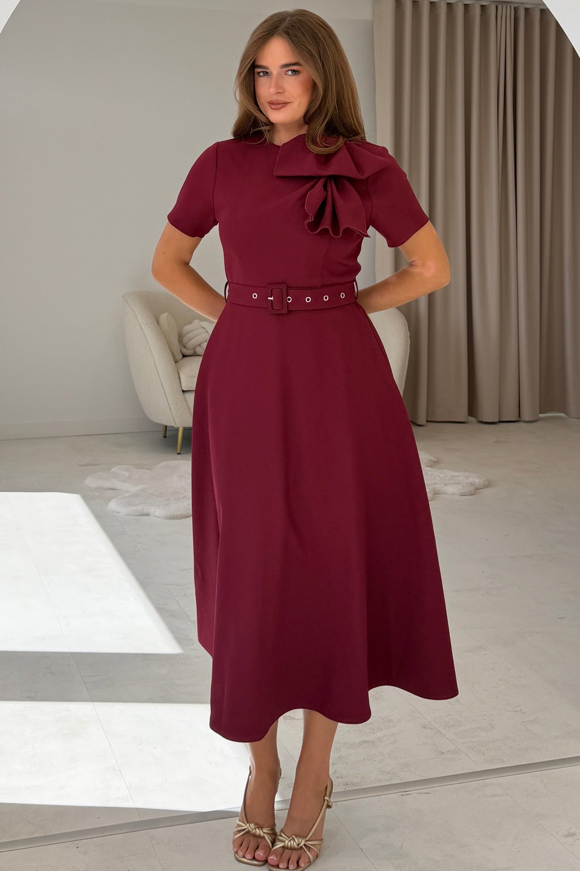 Sorelle Belted Midi Dress Wine