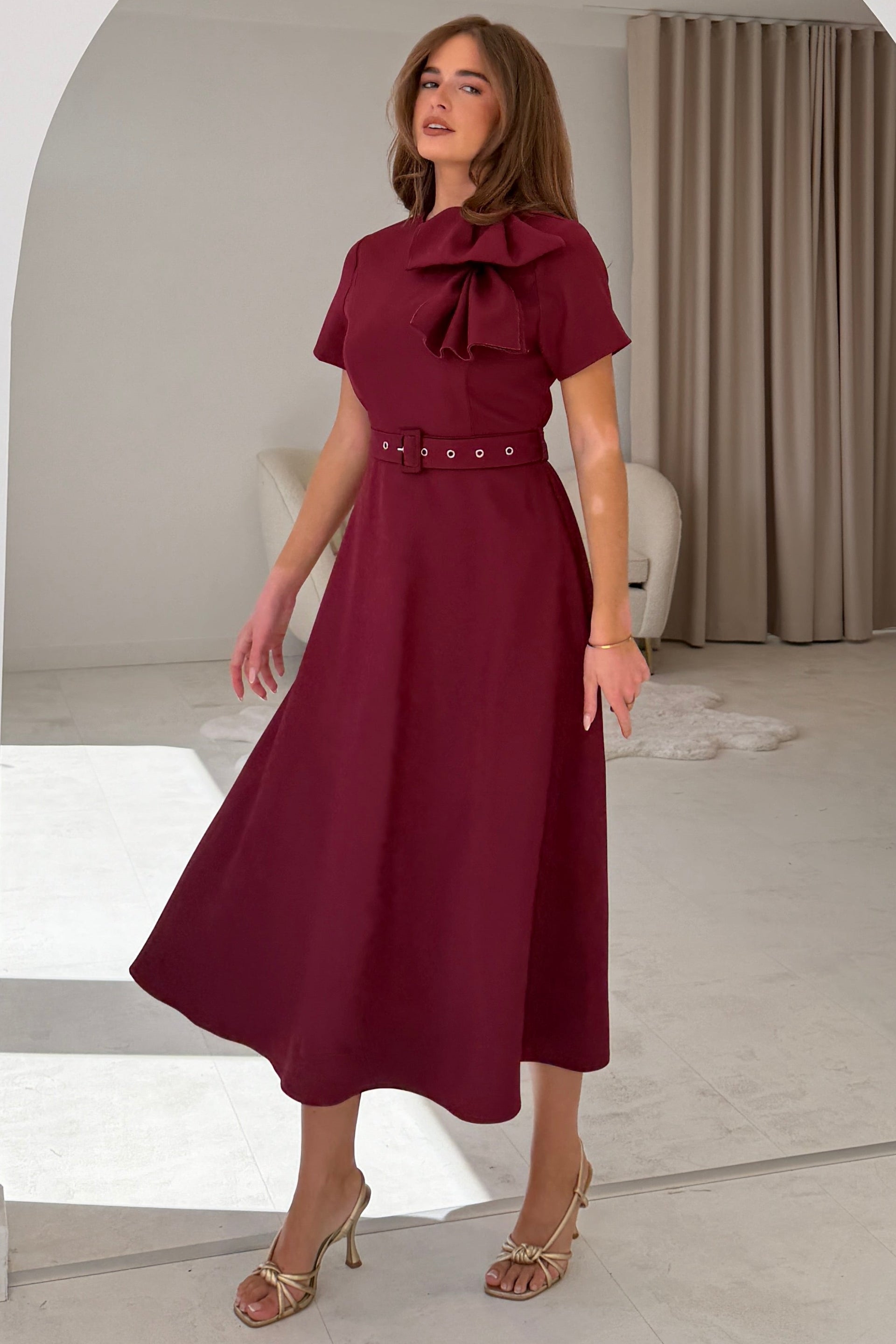 Sorelle Belted Midi Dress Wine