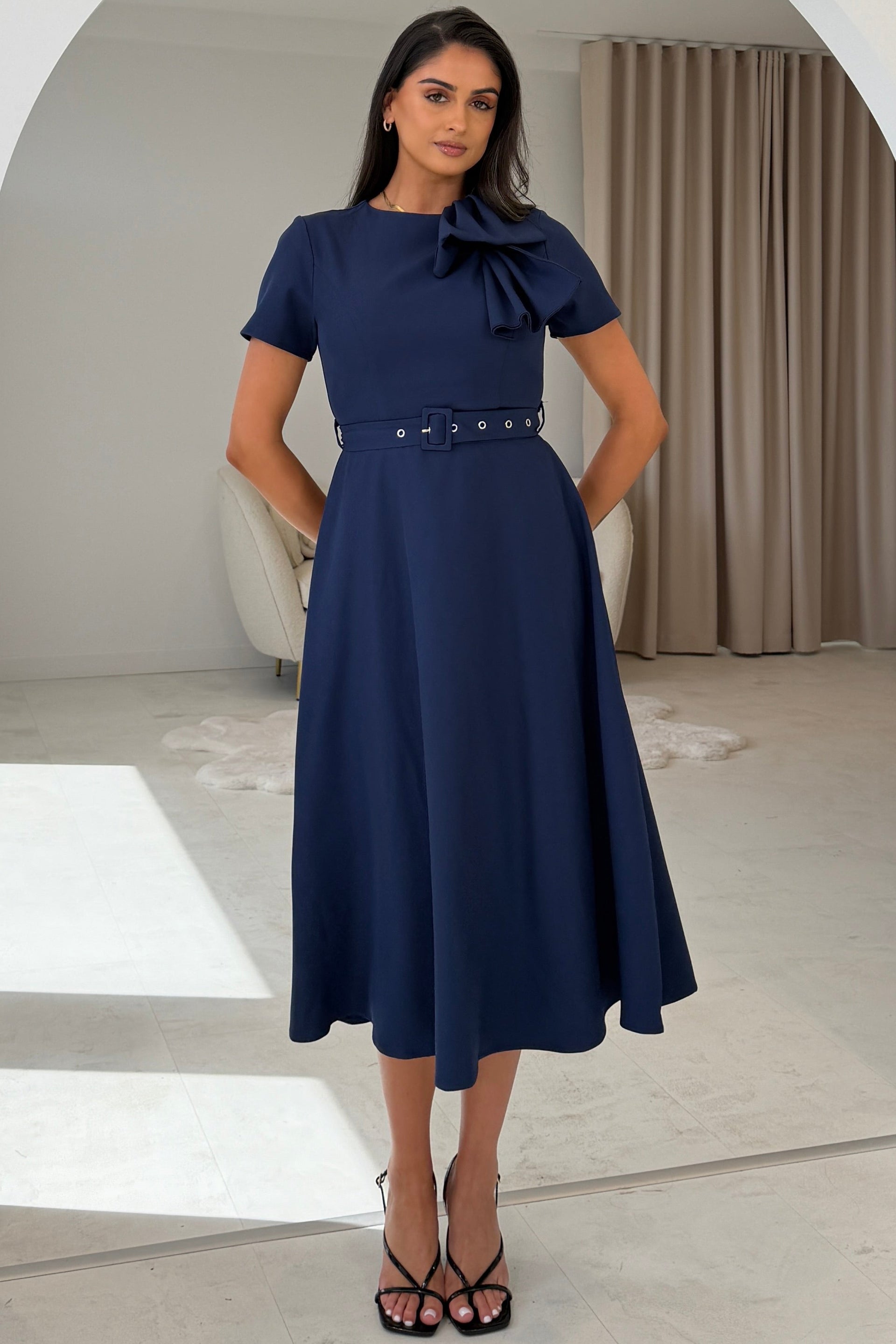 Sorelle Belted Midi Dress Navy
