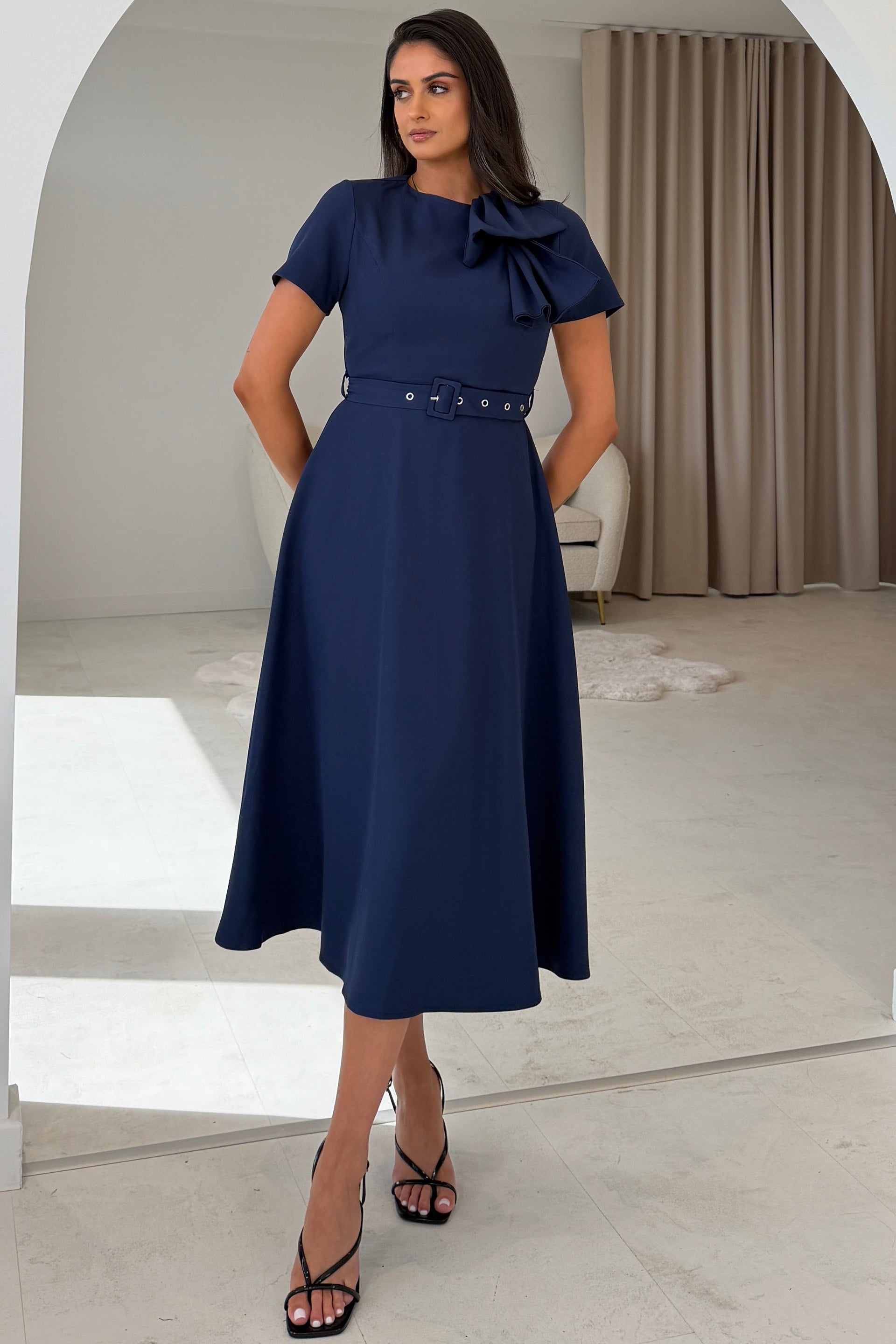 Sorelle Belted Midi Dress Navy
