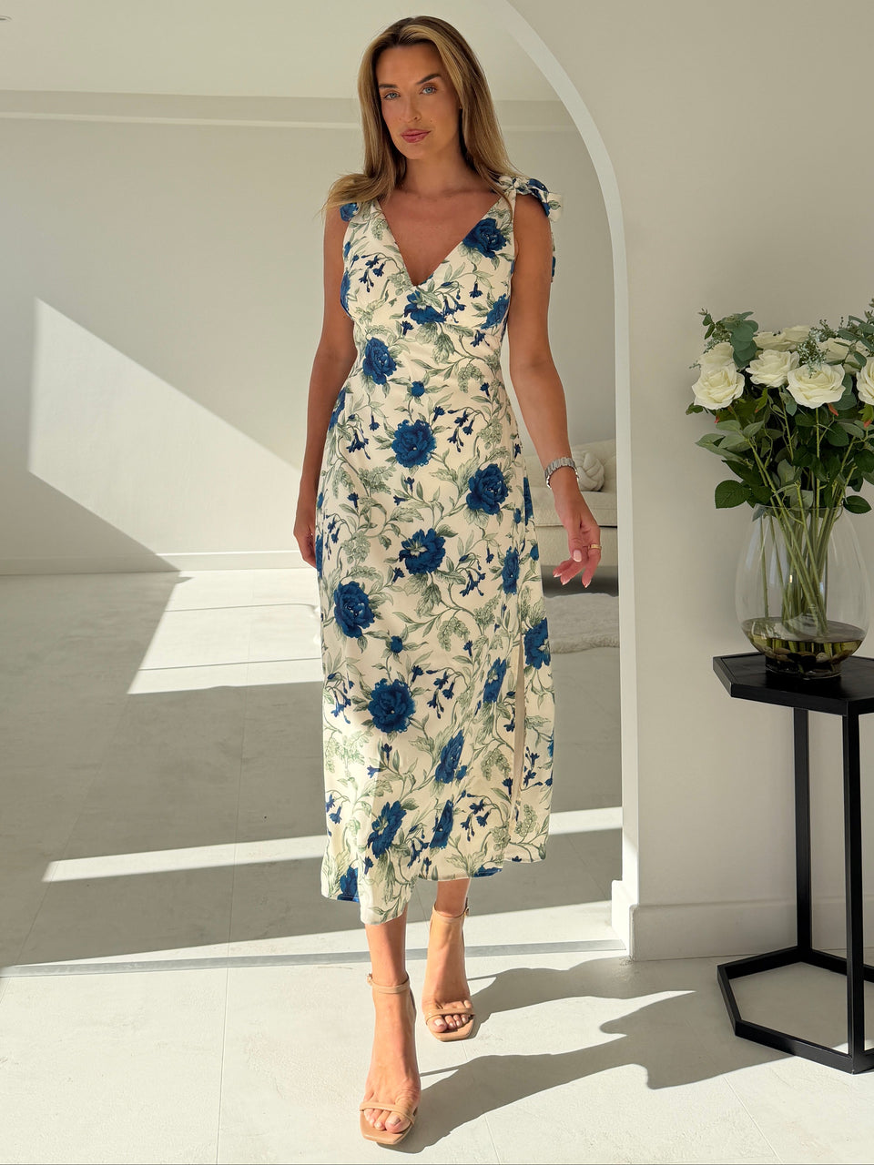 Beverly Floral Tie Shoulder Midi White