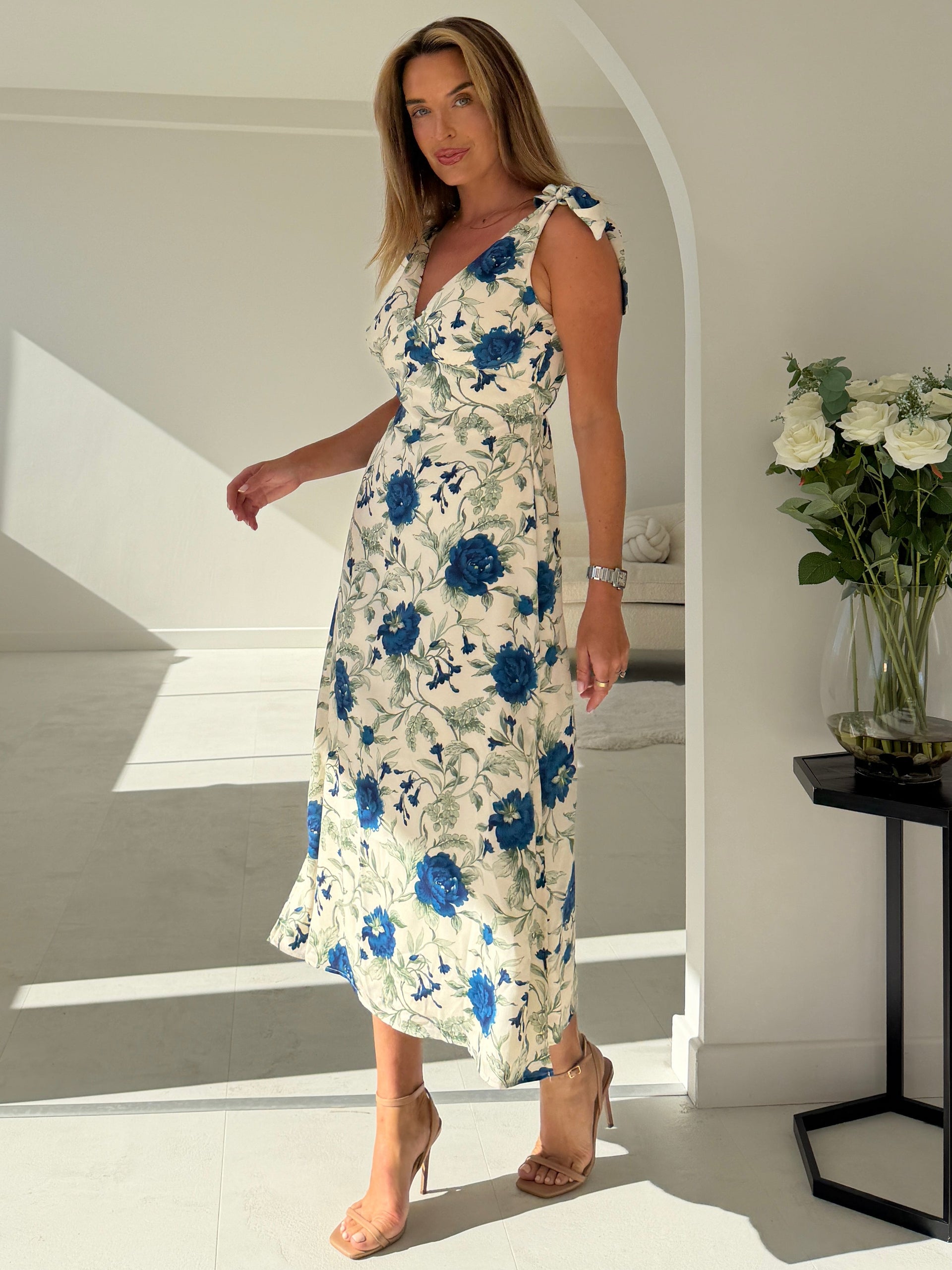 Beverly Floral Tie Shoulder Midi White