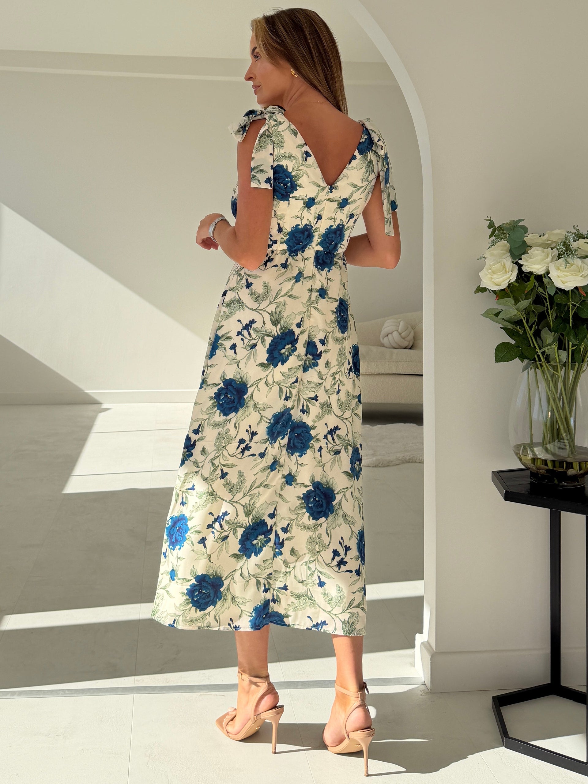Beverly Floral Tie Shoulder Midi White