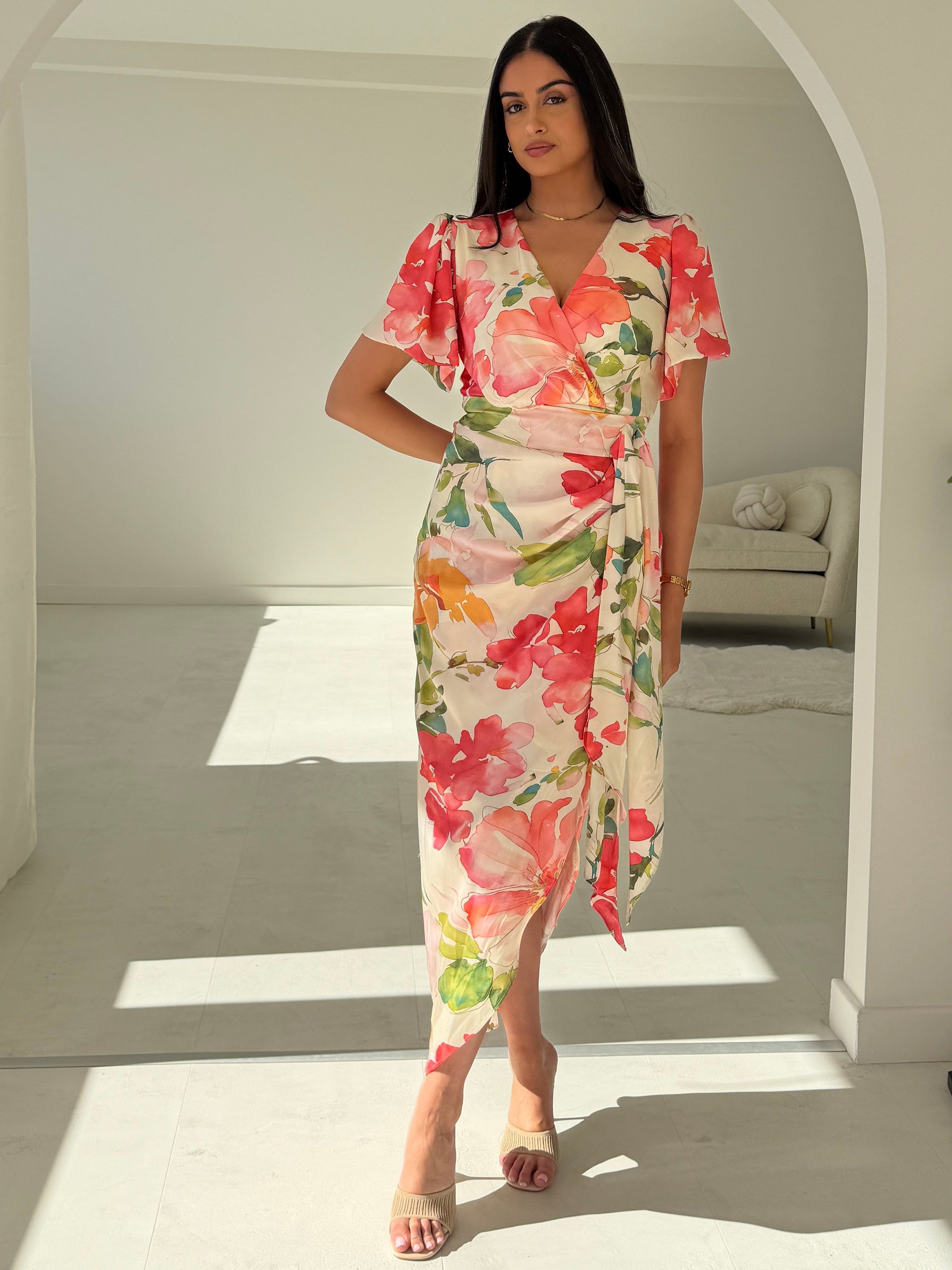 Drew Puff Sleeve Wrap Front Midi Dress Floral Print